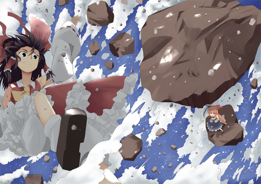 mieharu, hakurei reimu, ibuki suika, touhou, 2girls, battle, blonde hair, bow, brown hair, chain, detached sleeves, female focus, horns, japanese clothes, miko, multiple girls, red eyes, short hair