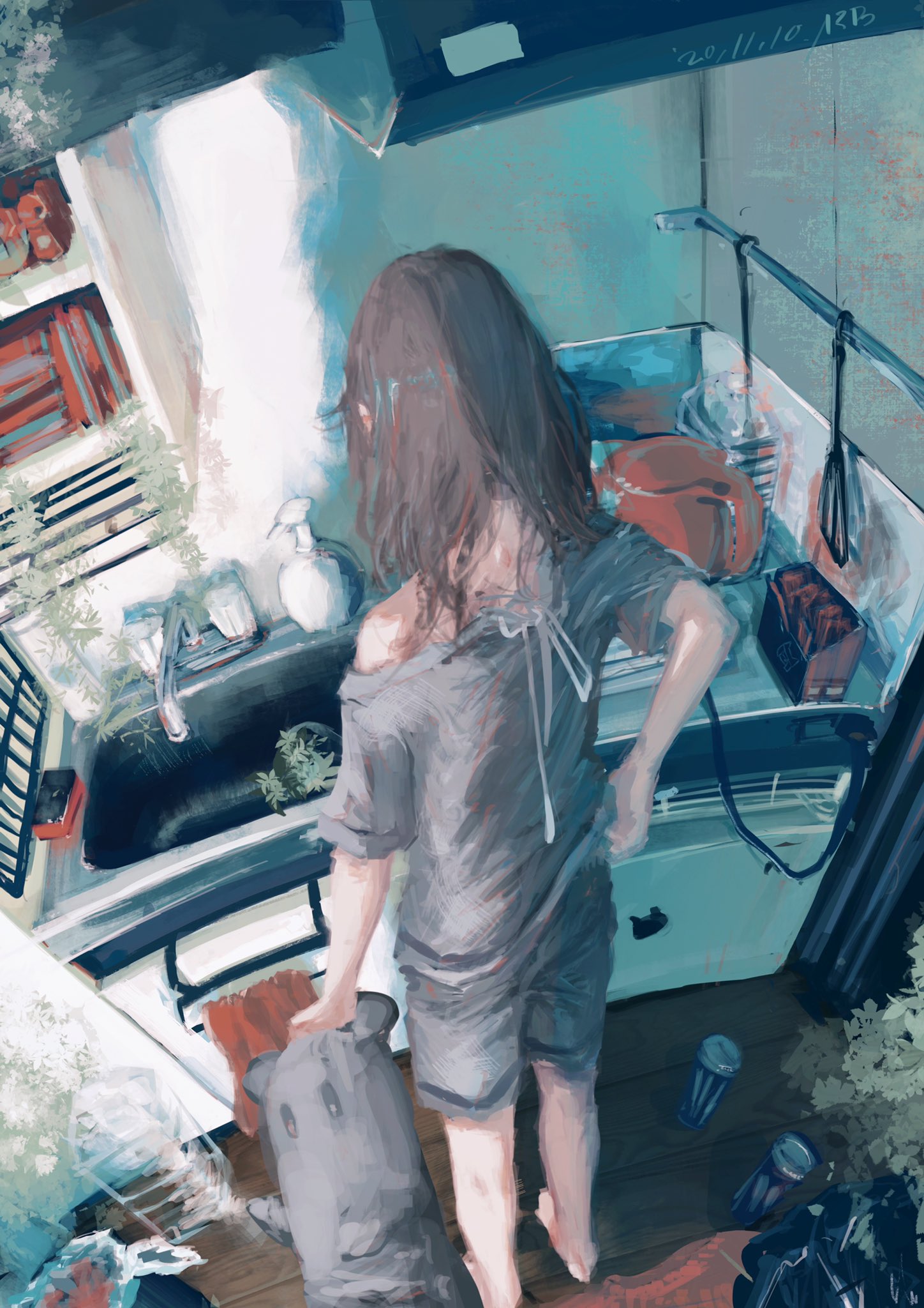 arai bokuseki, original, commentary request, highres, 1girl, back ribbon, barefoot, brown hair, energy drink, from above, full body, grey shirt, grey shorts, holding, holding stuffed toy, indoors, kitchen, long hair, off shoulder, scratching ass, shirt, shorts, sink, solo, stuffed animal, stuffed toy, trash can, wooden floor