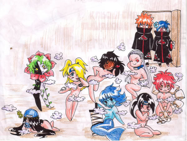 tachango, deidara, hidan, hoshigaki kisame, kakuzu, konan, pain (naruto), sasori, tobi (naruto), uchiha itachi, zetsu, naruto shippuuden, naruto, silver hair, akatsuki (naruto), black hair, blonde hair, blue hair, blush, breasts, censored, chibi, cloud, drop, flower, genderswap, gypsy, headband, long hair, mask, mermaid, monster girl, multiple girls, orange hair, ponytail, short hair, sword, tongue, weapon