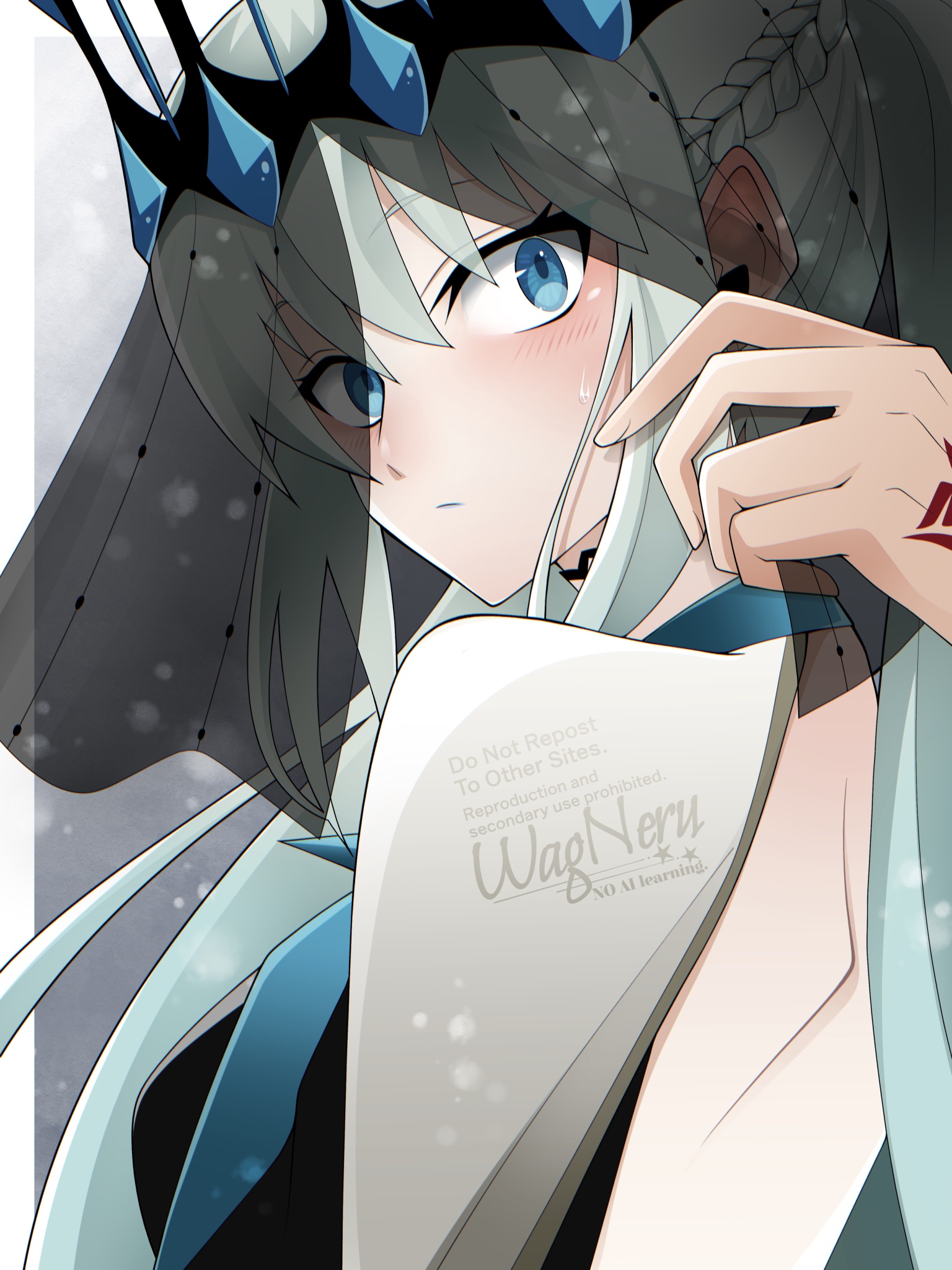 wagu neru, fujimaru ritsuka (male), morgan le fay (fate), morgan le fay (queen of winter) (fate), fate/grand order, fate (series), commentary request, highres, 1boy, 1girl, black dress, blue dress, blue eyes, blush, braid, breasts, command spell, crown, dress, grey hair, large breasts, long hair, long sleeves, looking at viewer, looking back, ponytail, sidelocks, solo focus, stole, two-tone dress, veil, very long hair