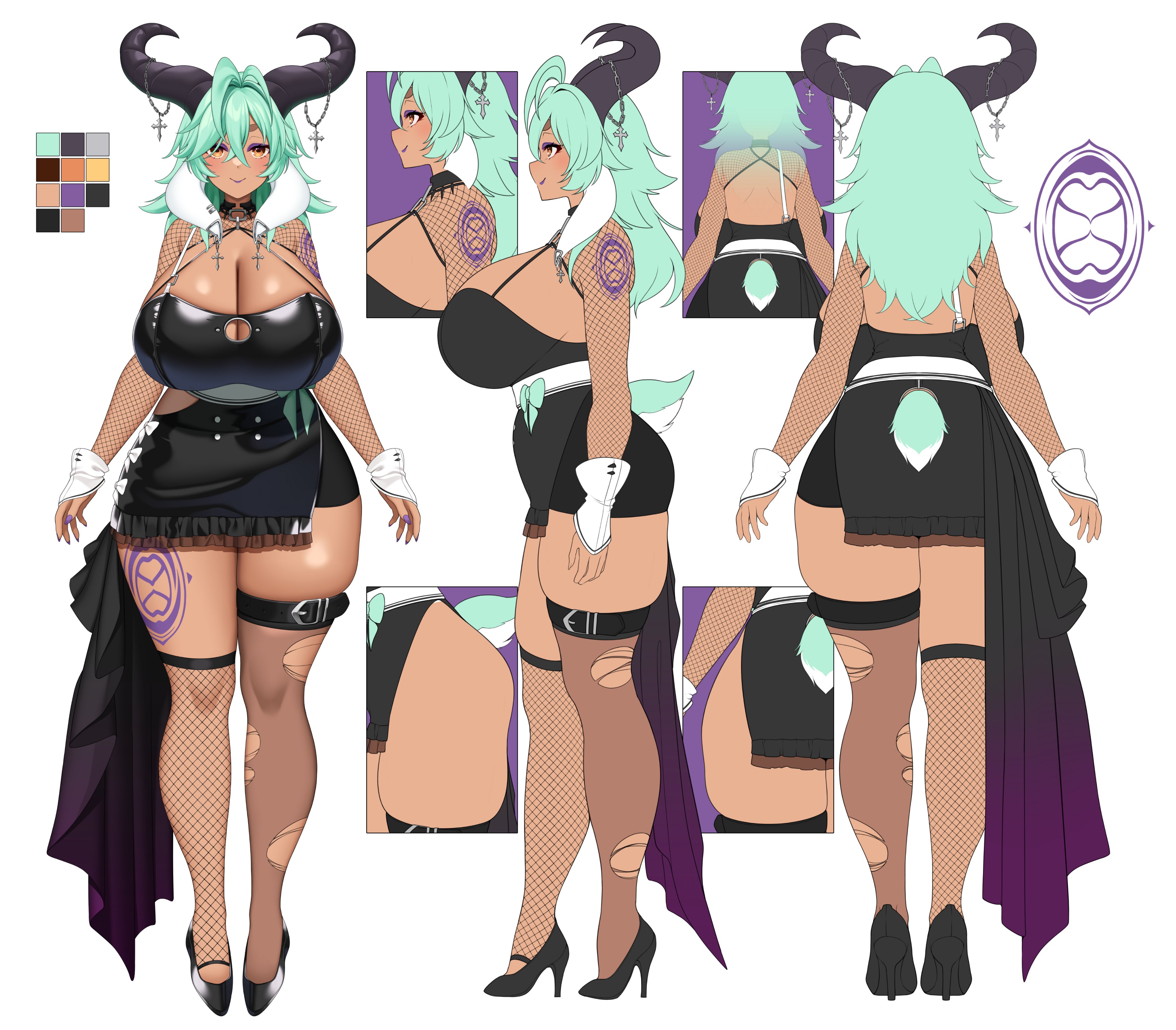 suruga (xsurugax), azura dulait, vallure, absurdres, commentary, english commentary, highres, second-party source, 1girl, asymmetrical legwear, belt, black belt, black horns, black shoes, black skirt, bow, breasts, brown eyes, cleavage, clothing cutout, color guide, cross, dark-skinned female, dark skin, eyeshadow, fishnet shrug, fishnet thighhighs, fishnets, goat girl, goat horns, goat tail, gradient clothes, green hair, hair between eyes, high heels, horns, huge breasts, leg tattoo, long hair, makeup, multiple views, purple eyeshadow, purple nails, shoes, shrug (clothing), single fishnet legwear, skirt, tail, tattoo, thigh belt, thigh strap, thighhighs, torn clothes, torn thighhighs, virtual youtuber, white bow, white wrist cuffs, wrist cuffs