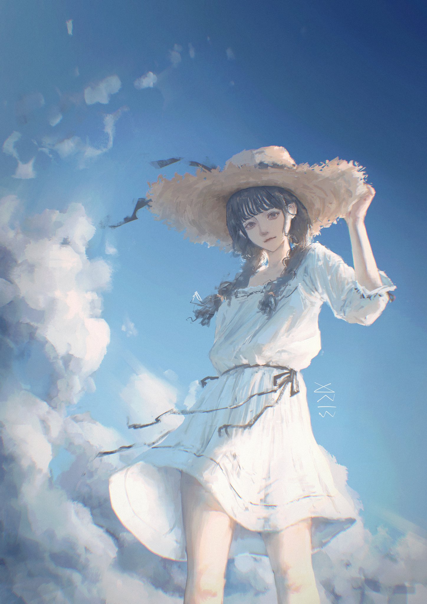 arai bokuseki, original, commentary request, highres, 1girl, black hair, blue sky, blunt bangs, braid, cloud, cloudy sky, day, dress, feet out of frame, hand on own hat, hat, looking at viewer, outdoors, ribbon, sidelighting, sky, standing, straw hat, twin braids, white dress, wind, wind lift