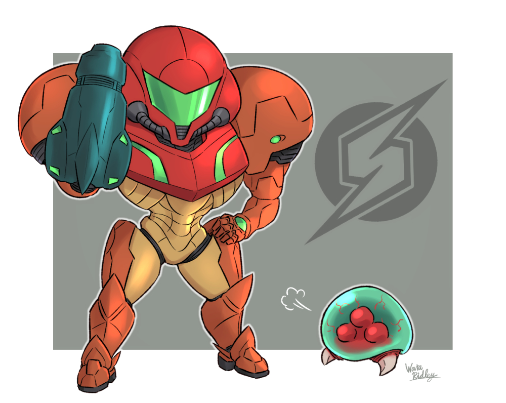 wakaba (wata ridley), metroid (creature), metroid larva, samus aran, metroid, nintendo, commentary request, 1girl, alien, arm cannon, armor, artist name, assault visor, chibi, full armor, green visor, grey background, hand on own hip, multicolored armor, power armor, power suit (metroid), signature, simple background, varia suit, weapon