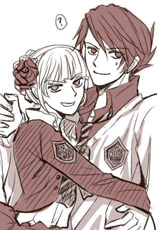 kaoru, beatrice (umineko), ushiromiya battler, umineko no naku koro ni, bad id, bad pixiv id, lowres, 00s, 1boy, 1girl, ?, crest, flower, hug, long hair, red hair, rose, school uniform, short hair, smile