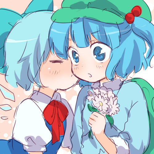 machiko (beard), cirno, kawashiro nitori, touhou, lowres, 2girls, flower, hair bobbles, hair ornament, hat, kiss, multiple girls, sketch, sleeves rolled up, two side up, yuri