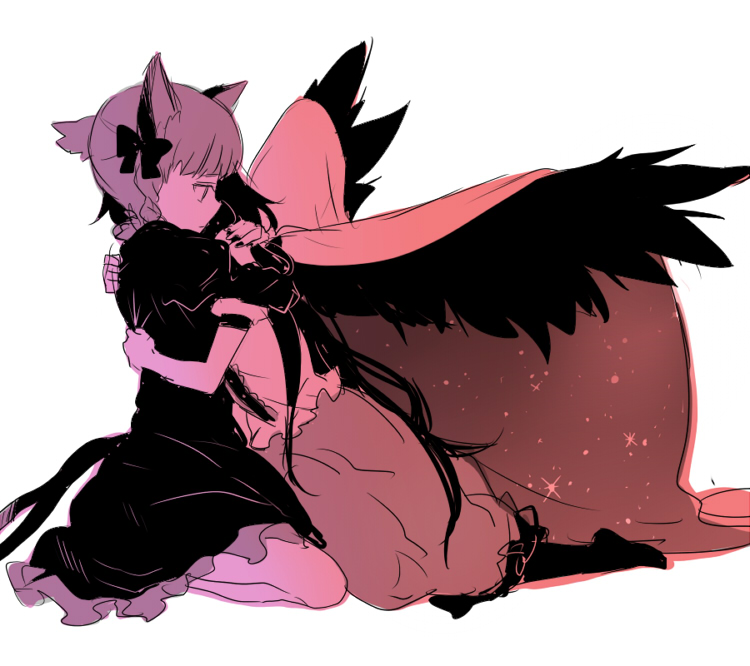 machiko (beard), kaenbyou rin, reiuji utsuho, touhou, 2girls, animal ears, cat ears, cat girl, female focus, hug, multiple girls, wings