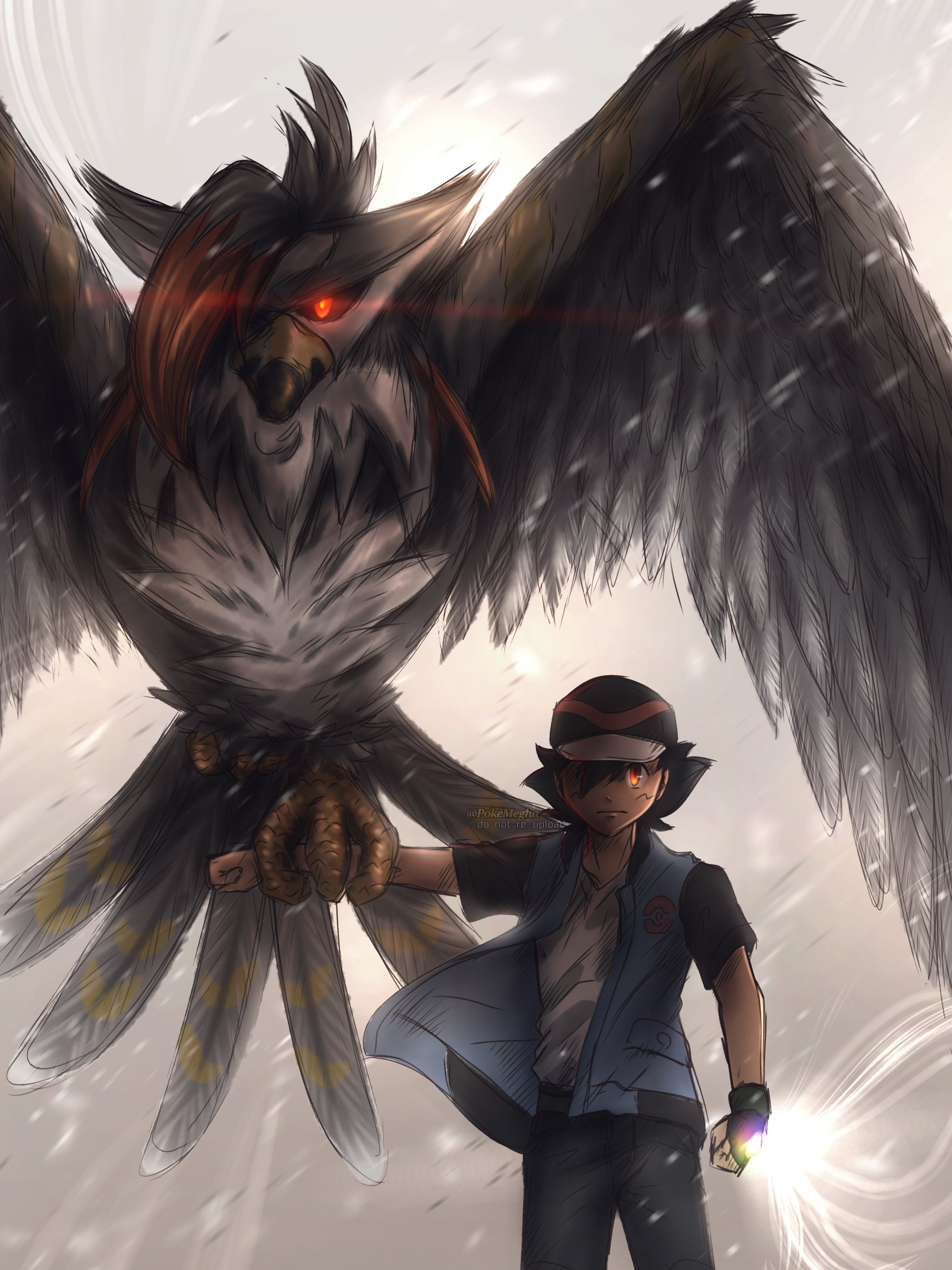 pokemegha, ash ketchum, mega staraptor, staraptor, nintendo, pokemon, pokemon (anime), pokemon journeys, pokemon legends: z-a, absurdres, commentary, english commentary, highres, 1boy, baseball cap, beak, bird, colored sclera, gen 4 pokemon, hat, mega pokemon, pokemon (creature), red eyes, red hat, shirt, sleeveless, sleeveless jacket, t-shirt