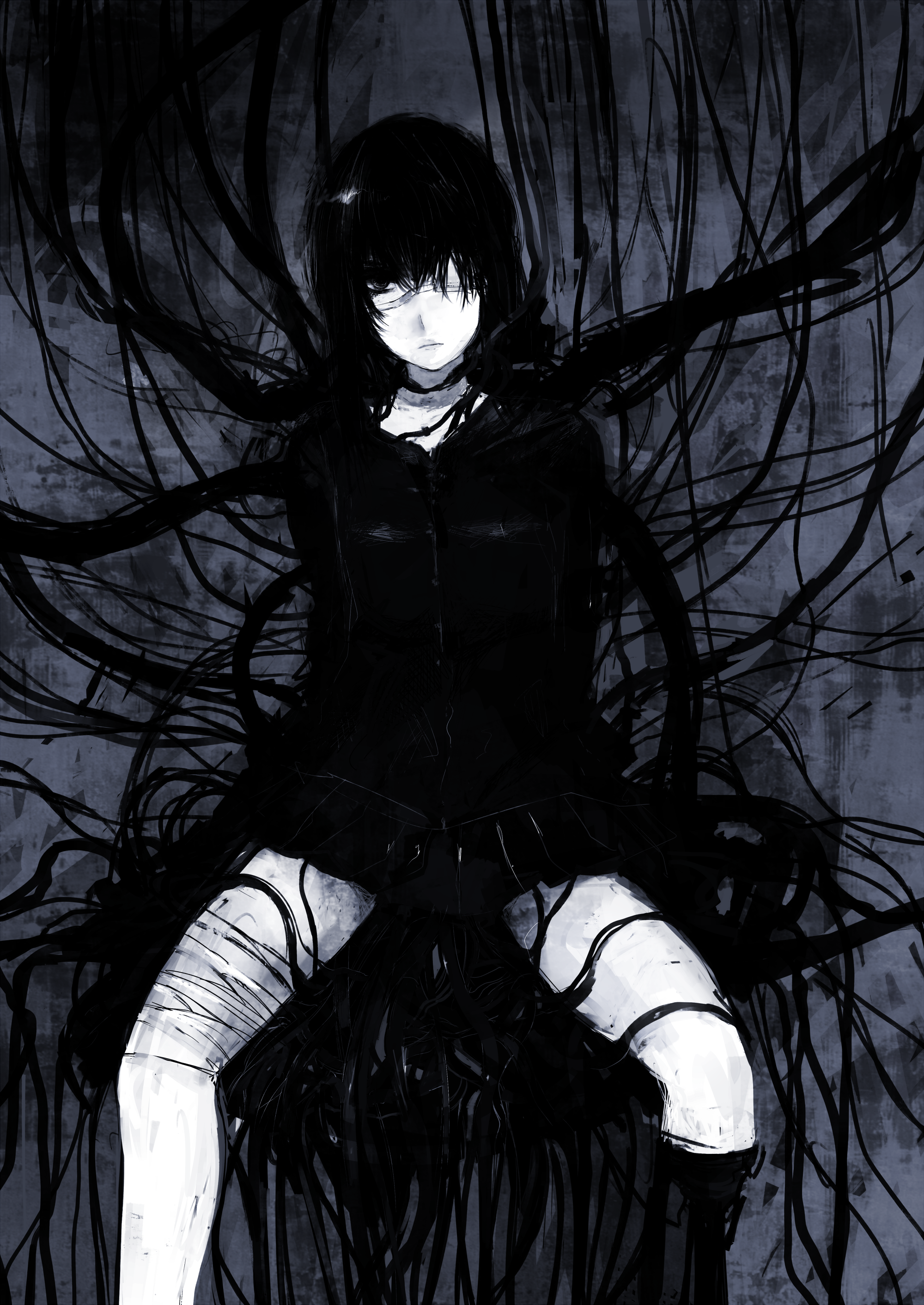 un-known (ninesix), original, absurdres, bad id, bad pixiv id, highres, bandages, black eyes, black hair, blue theme, cable, eyepatch, monochrome, school uniform, skirt, solo