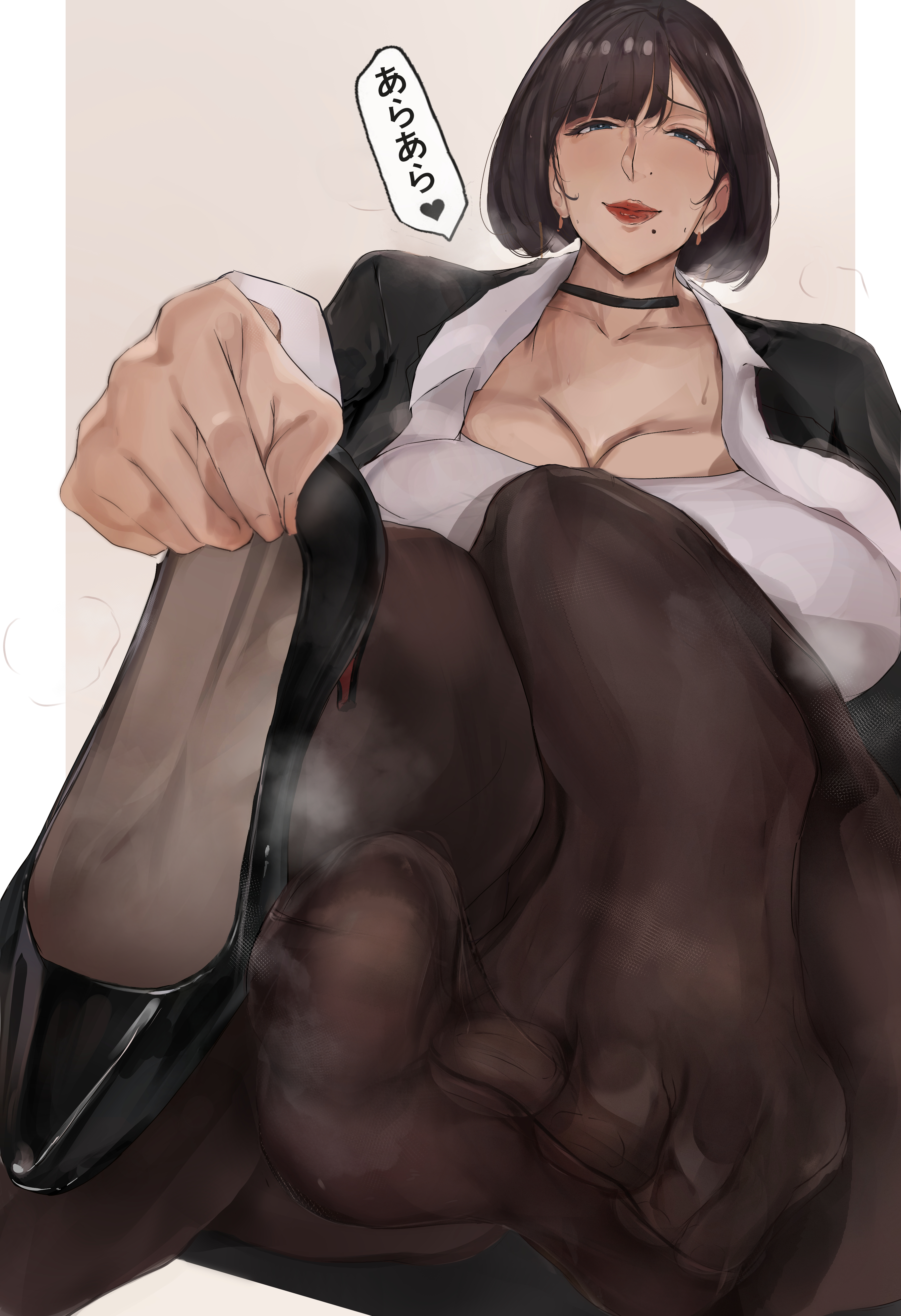 mika l, absurdres, highres, 1girl, black hair, blue eyes, breasts, cleavage, feet, holding, holding shoes, holding unworn clothes, large breasts, looking at viewer, mature female, medium hair, mole, mole under mouth, pantyhose, shoes, single shoe, soles, steam, toes, unworn shoes