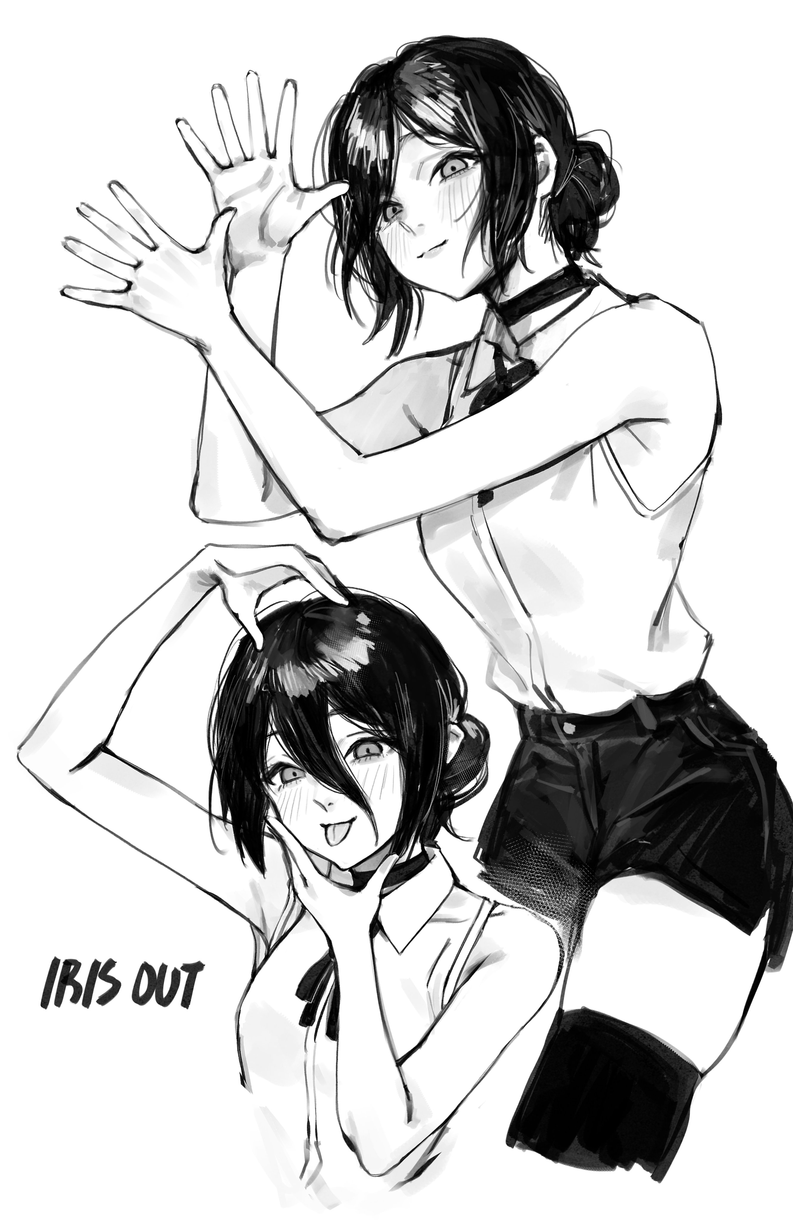 hanakonenne, reze (chainsaw man), chainsaw man, absurdres, hashtag-only commentary, highres, 1girl, :p, choker, dancing, hair between eyes, hair bun, looking at viewer, monochrome, shirt, short hair, shorts, sleeveless, sleeveless shirt, smile, solo, thighhighs, tongue, tongue out