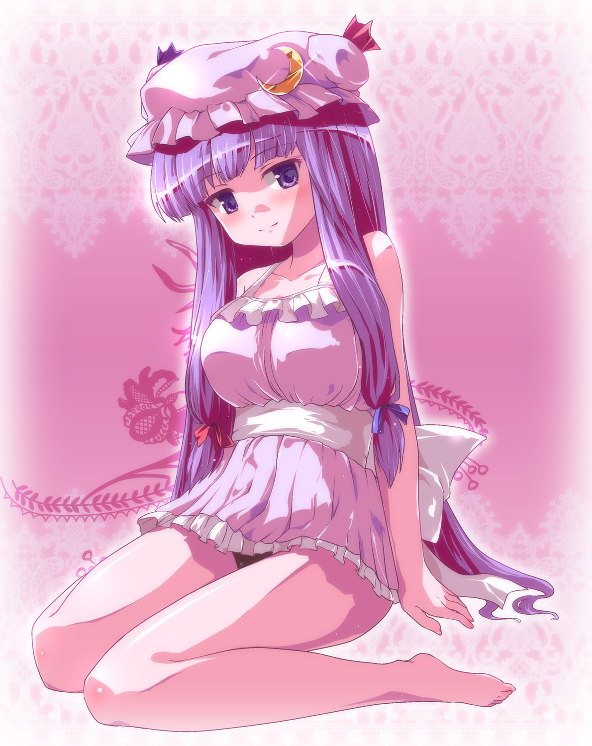 miuku (marine sapphire), tdk, patchouli knowledge, touhou, colorized, highres, 1girl, barefoot, crescent, crescent moon, feet, female focus, hat, long hair, moon, purple eyes, purple hair, solo