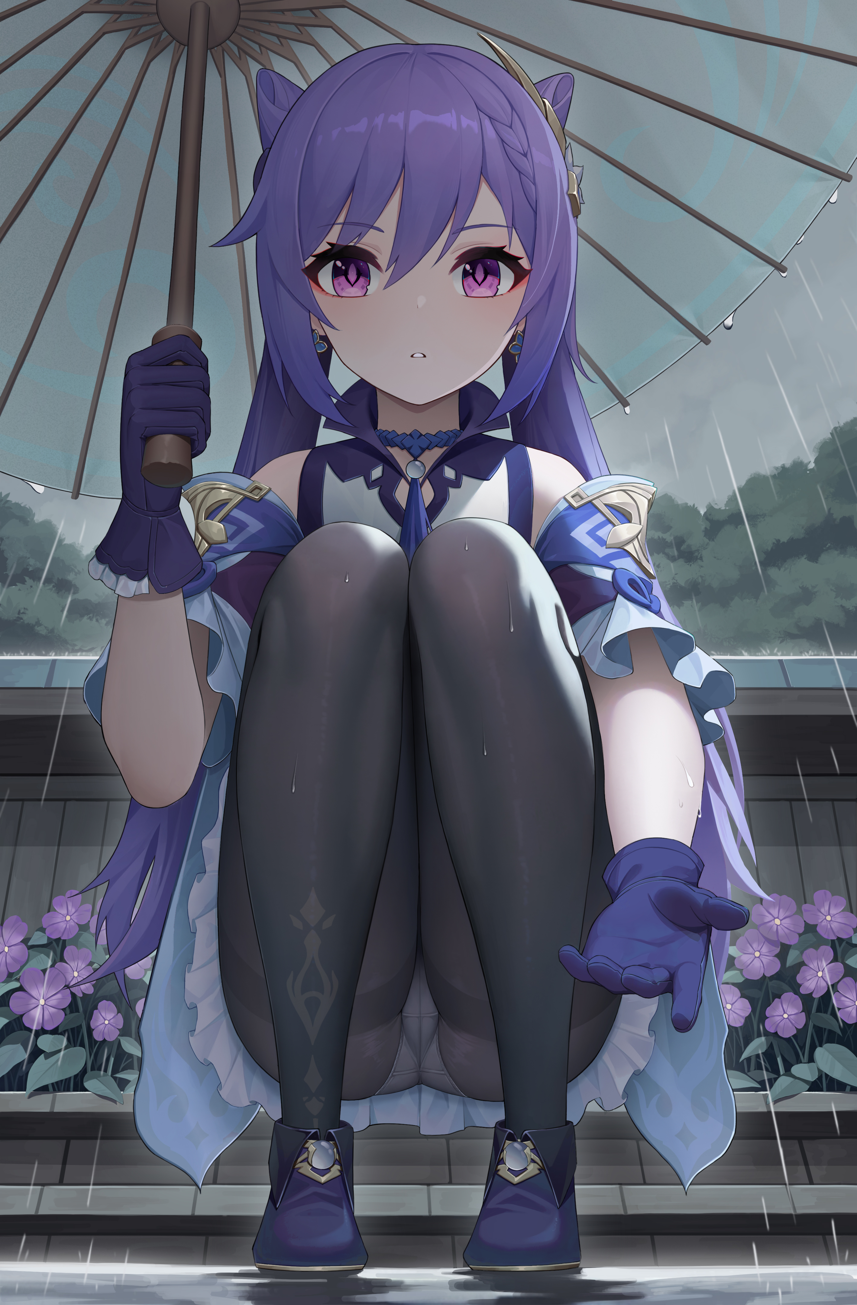wa (user snch2757), keqing (genshin impact), genshin impact, absurdres, commentary request, highres, revision, 1girl, bare shoulders, black pantyhose, cameltoe, choker, cone hair bun, crotch seam, diamond-shaped pupils, diamond (shape), double bun, dress, frilled gloves, frills, gloves, hair bun, hair ears, hair ornament, holding, holding umbrella, long hair, looking at viewer, neck tassel, outdoors, panties, panties under pantyhose, pantyhose, pantyshot, purple choker, purple dress, purple eyes, purple gloves, purple hair, rain, solo, symbol-shaped pupils, tassel, twintails, umbrella, underwear, white panties