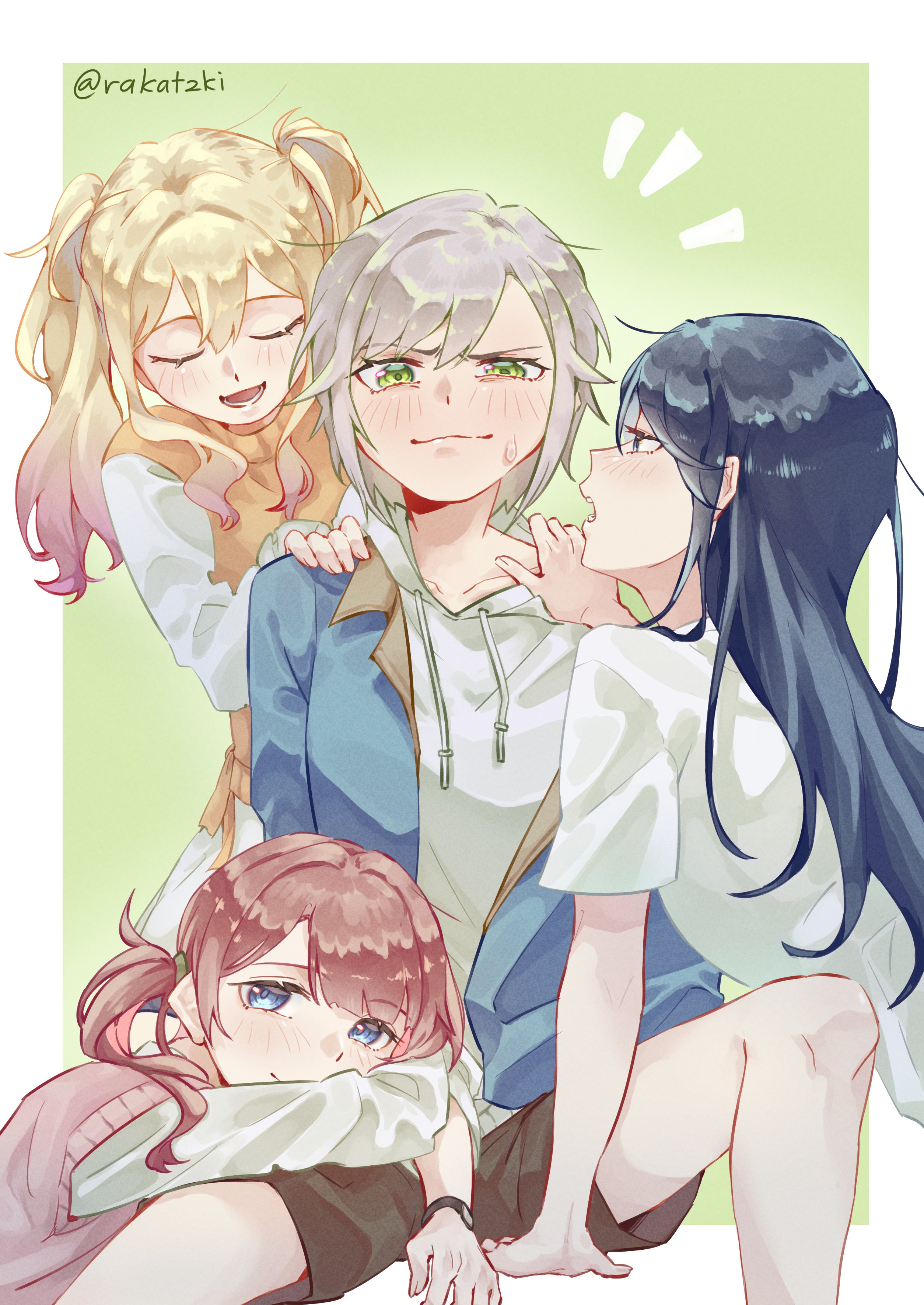 rakatzki, hinomori shiho, hoshino ichika (project sekai), mochizuki honami, tenma saki, project sekai, absurdres, commentary, english commentary, highres, 4girls, arm support, behind another, black hair, blonde hair, blue eyes, blue jacket, blunt bangs, blush, border, brown hair, brown shorts, closed eyes, closed mouth, collarbone, double-parted bangs, drawstring, gradient hair, green background, green eyes, grey hair, hair between eyes, hand on another's shoulder, head rest, hood, hood down, hoodie, jacket, lap pillow, lapels, leo/need (project sekai), long hair, long sidelocks, long sleeves, looking at another, looking at viewer, multicolored hair, multiple girls, open clothes, open jacket, open mouth, orange sweater vest, outside border, pink hair, pink sweater vest, polyamory, shirt, short hair, short sleeves, shorts, side ponytail, sidelocks, simple background, sitting, smile, sweatdrop, sweater vest, t-shirt, twintails, watch, white border, white hoodie, white shirt, wristwatch, yuri