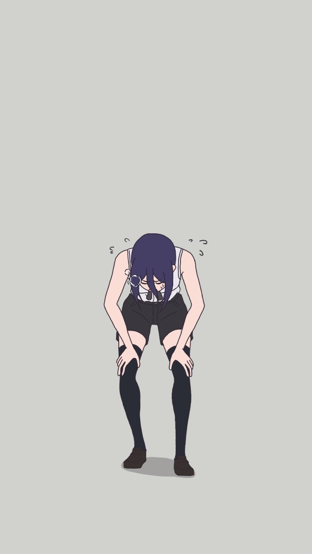 reze (chainsaw man), chainsaw man, commentary request, 1girl, closed eyes, exhausted, hair between eyes, hands on own knees, neck ribbon, purple hair, ribbon, shirt, short hair, sleeveless, sleeveless shirt, sumire (violet mad 0216), thighhighs, white shirt