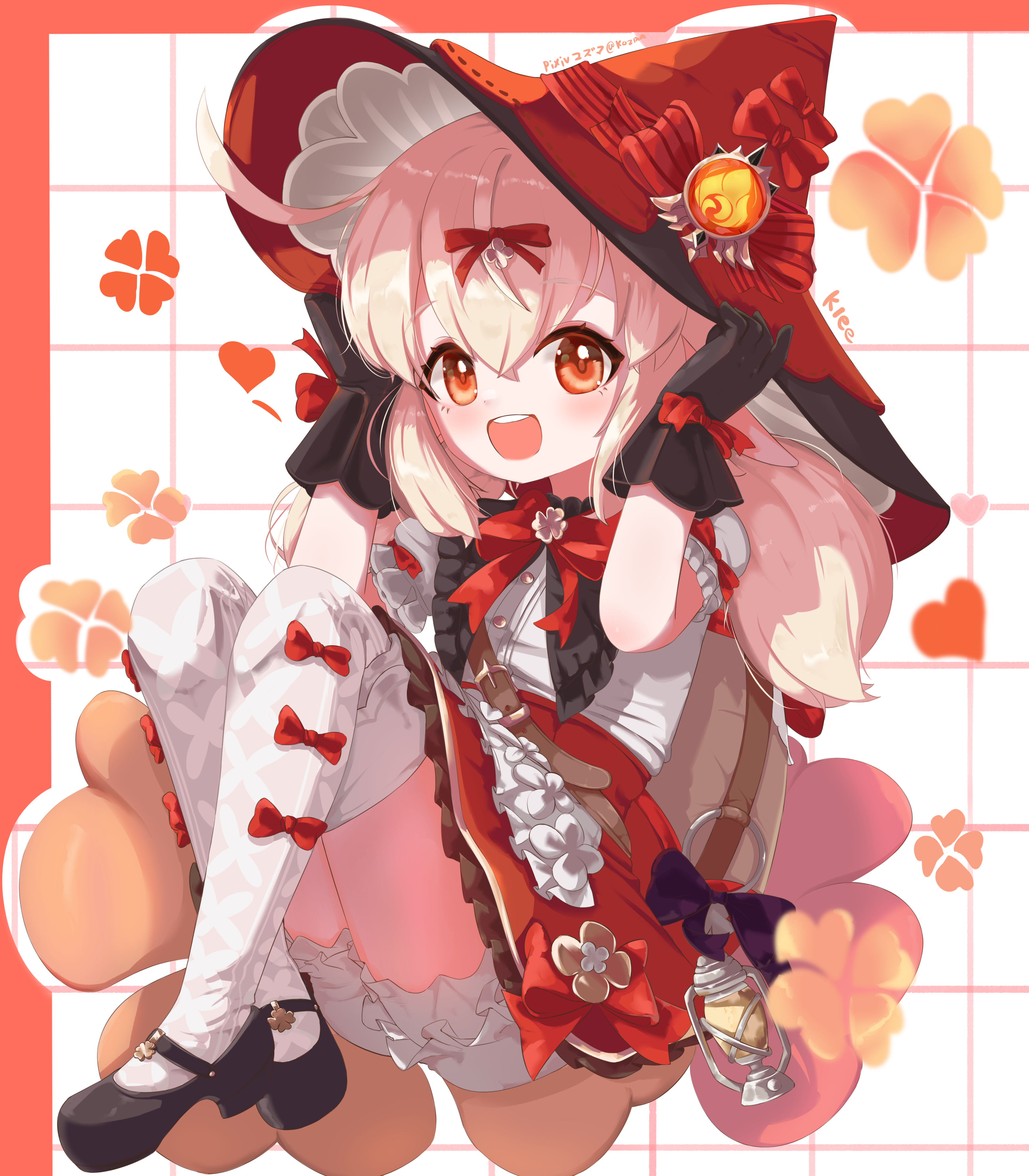 klee (blossoming starlight) (genshin impact), klee (genshin impact), genshin impact, absurdres, commentary request, highres, revision, 1girl, :d, black gloves, black shoes, bloomers, bow, bowtie, character name, dress shirt, full body, glove bow, gloves, hair between eyes, hair ribbon, hat, kozma nate01, layered skirt, long hair, mary janes, miniskirt, open mouth, pixiv username, red bow, red bowtie, red eyes, red hat, red ribbon, red skirt, ribbon, shirt, shoes, short sleeves, skirt, smile, solo, teeth, thighhighs, underwear, upper teeth only, white bloomers, white hair, white shirt, white thighhighs, witch hat