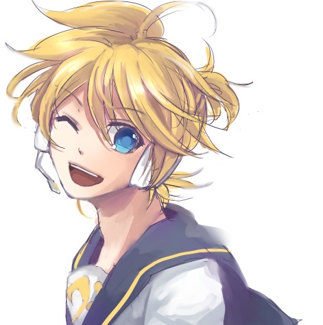 sopra, kagamine len, vocaloid, bad id, bad pixiv id, lowres, 1boy, blonde hair, blue eyes, headphones, headset, male focus, one eye closed, short hair, simple background, smile, solo, wink