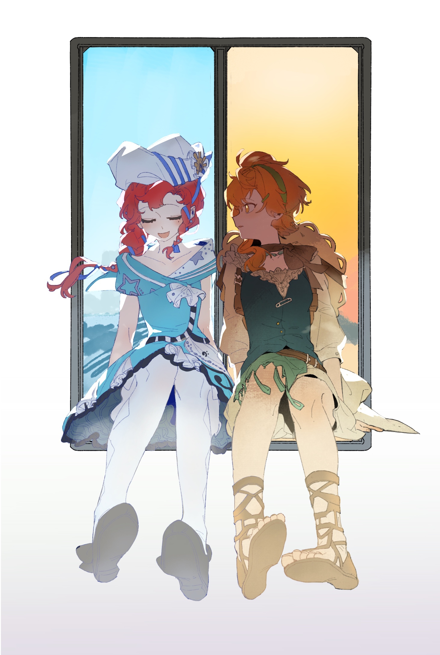 yi ge shijie, lopera (reverse:1999), reverse:1999, commentary request, highres, 2girls, barcarola (reverse:1999), black shoes, blue shirt, blue skirt, blue vest, brown sandals, closed eyes, dixie cup hat, facing another, full body, gladiator sandals, gradient background, green hairband, grey background, hairband, hat, hat on back, long braid, looking at another, military hat, miniskirt, multiple girls, open mouth, orange eyes, orange hair, pantyhose, profile, red hair, sailor collar, sandals, shirt, shoes, side-by-side, side ponytail, sitting in window, skirt, sleeveless, sleeveless shirt, smile, straw hat, vest, white background, white hat, white pantyhose, white shirt, white skirt