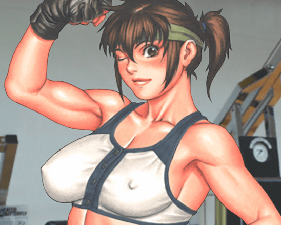 tsukasa jun, daimon akiko, taisen hot gimmick, taisen hot gimmick 4ever, animated, animated gif, game cg, gif artifacts, 1girl, :o, ;d, ;o, arm up, black gloves, blush, bouncing breasts, bra, breasts, brown hair, bursting breasts, buttons, clenched hand, closed eyes, covered erect nipples, embarrassed, female focus, fingerless gloves, flexing, gloves, grin, hair between eyes, headband, large breasts, lingerie, lips, looking at viewer, motion blur, muscular, naughty face, nipples, one eye closed, open bra, open clothes, open mouth, photo background, ponytail, popped button, scrunchie, shirt, short hair, sidelocks, smile, sports bra, straining buttons, surprised, tears, tomboy, torn clothes, underwear, upper body, wardrobe malfunction, white bra, wince, wink