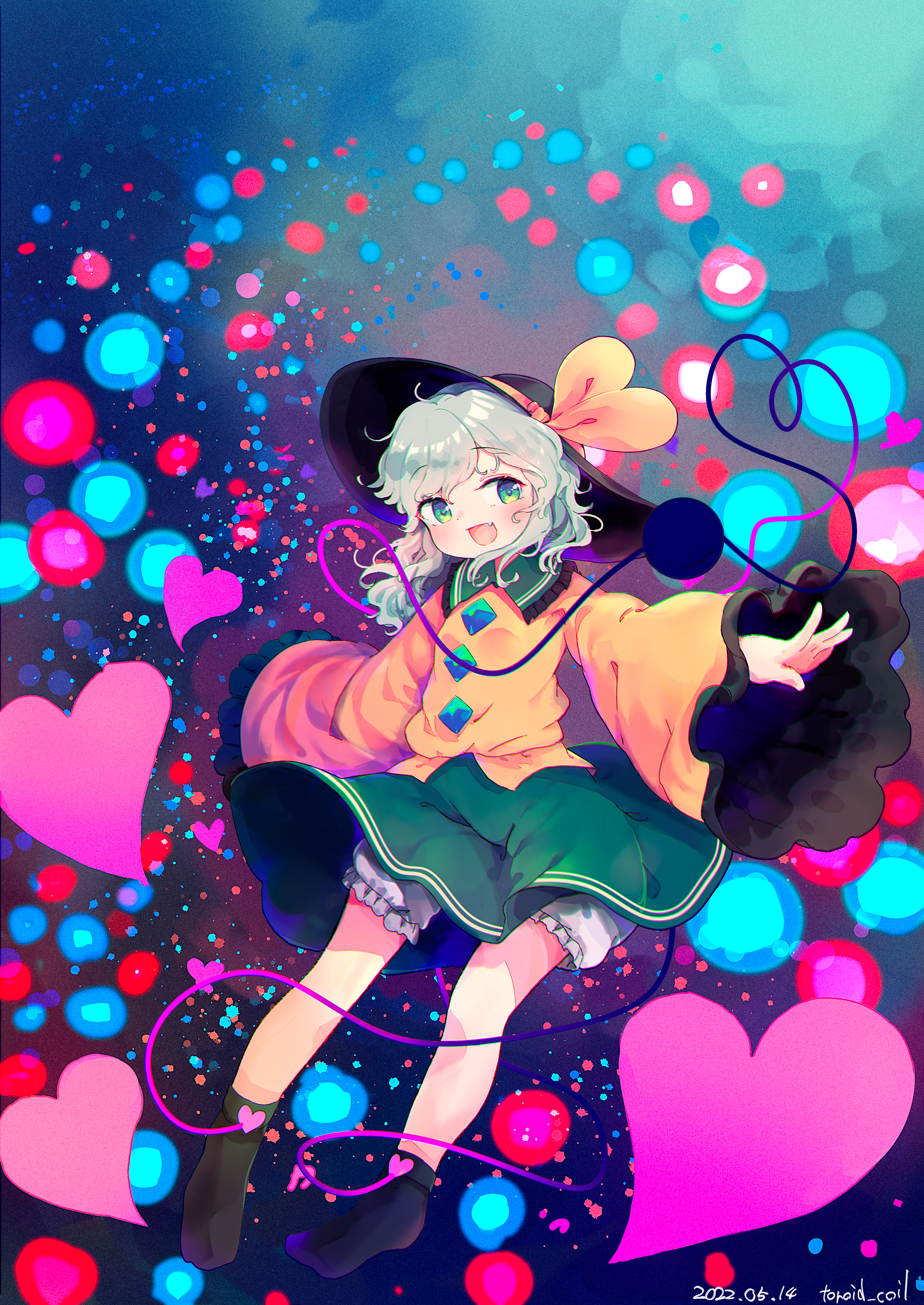 toroid (621997), komeiji koishi, touhou, absurdres, commentary request, highres, 1girl, artist name, black boots, black hat, bloomers, boots, buttons, danmaku, dated, diamond button, eyeball, fang, frilled shirt collar, frilled sleeves, frills, full body, green eyes, green hair, green skirt, hat, hat ribbon, heart, heart of string, koishi day, long sleeves, looking at viewer, open mouth, outstretched arms, ribbon, shirt, skin fang, skirt, smile, solo, spread arms, third eye, underwear, white bloomers, wide sleeves, yellow ribbon, yellow shirt