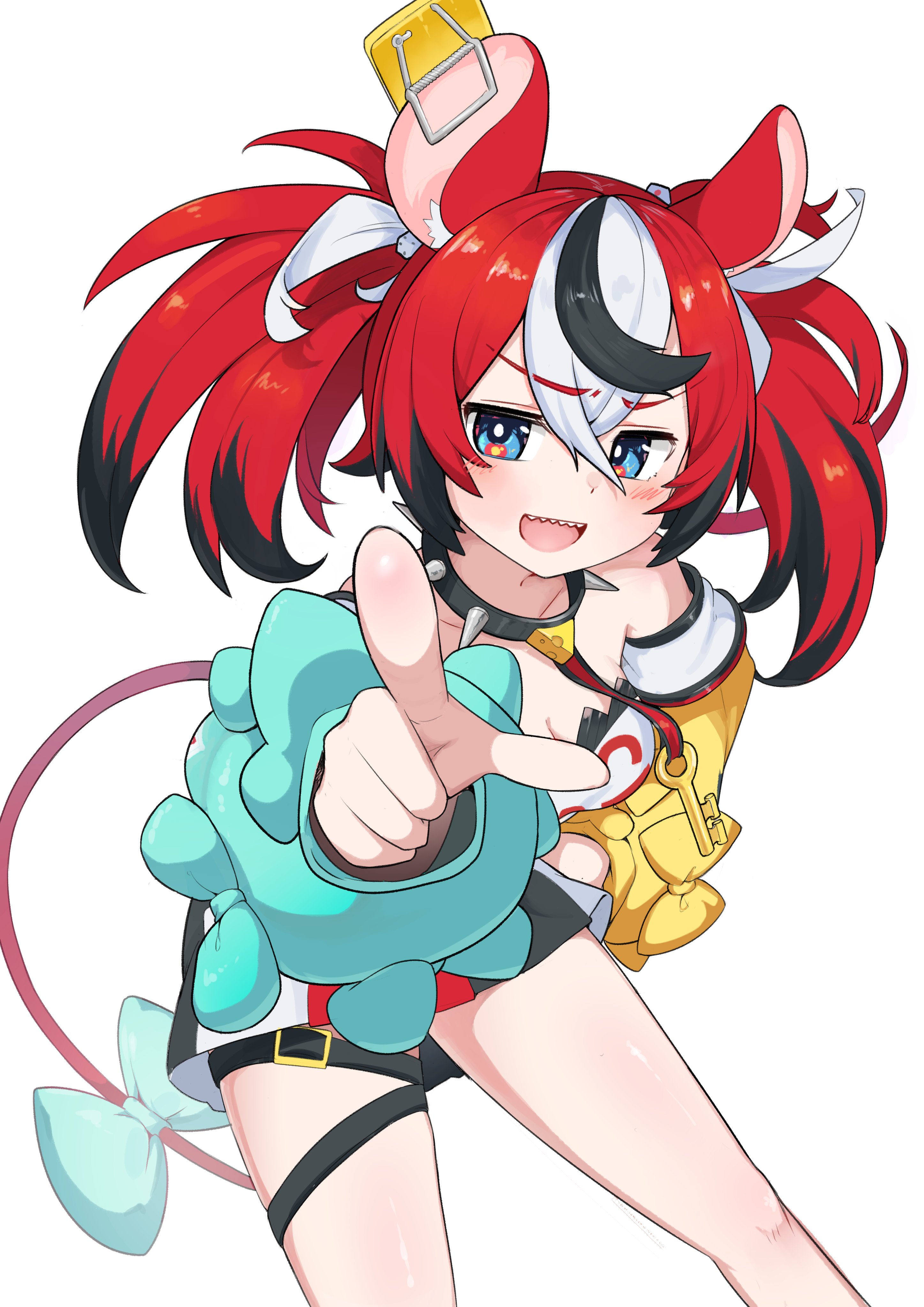 snowmya, hakos baelz, hakos baelz (1st costume), hololive, hololive english, absurdres, commentary, highres, 1girl, animal ear fluff, animal ears, asymmetrical sleeves, black streaks, blue eyes, blush, bow, breasts, cheese, choker, cleavage, collarbone, detached sleeves, food, index finger raised, key, leaning forward, mouse ears, mouse girl, mouse tail, mousetrap, multicolored hair, multicolored skirt, open mouth, pointing, pointing at viewer, red hair, sharp teeth, skirt, spiked choker, spikes, standing, streaked hair, tail, tail bow, tail ornament, teeth, thigh strap, thighs, twintails, uneven twintails, v-shaped eyebrows, virtual youtuber, white background, white streaks