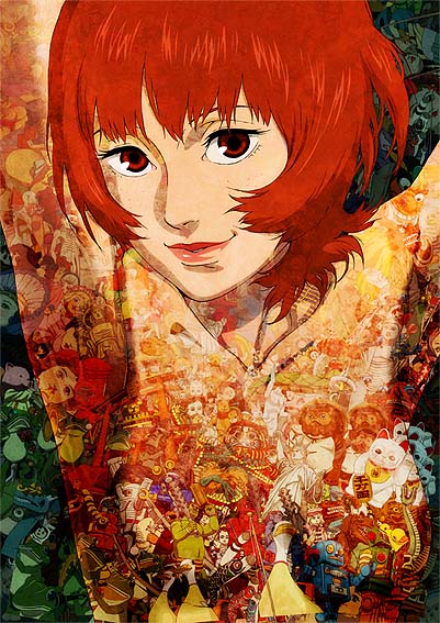 paprika (character), paprika, official art, 00s, 1girl, arms up, breasts, brown eyes, female focus, large breasts, no nipples, red hair, short hair, smile, solo