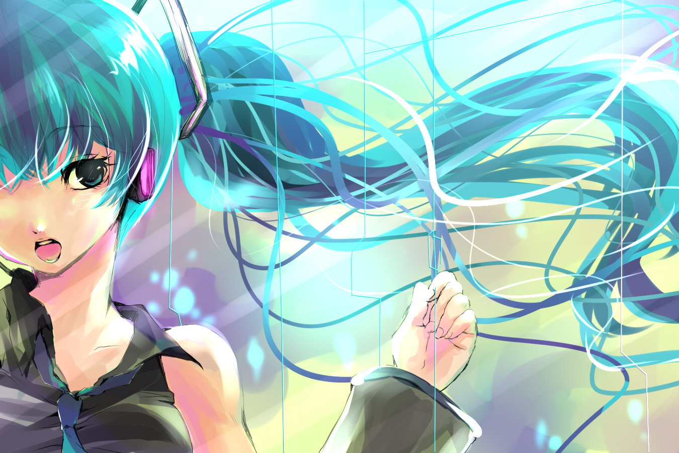 kobanzame, hatsune miku, vocaloid, bad id, bad pixiv id, 1girl, aqua eyes, aqua hair, female focus, long hair, necktie, open mouth, portrait, solo, twintails