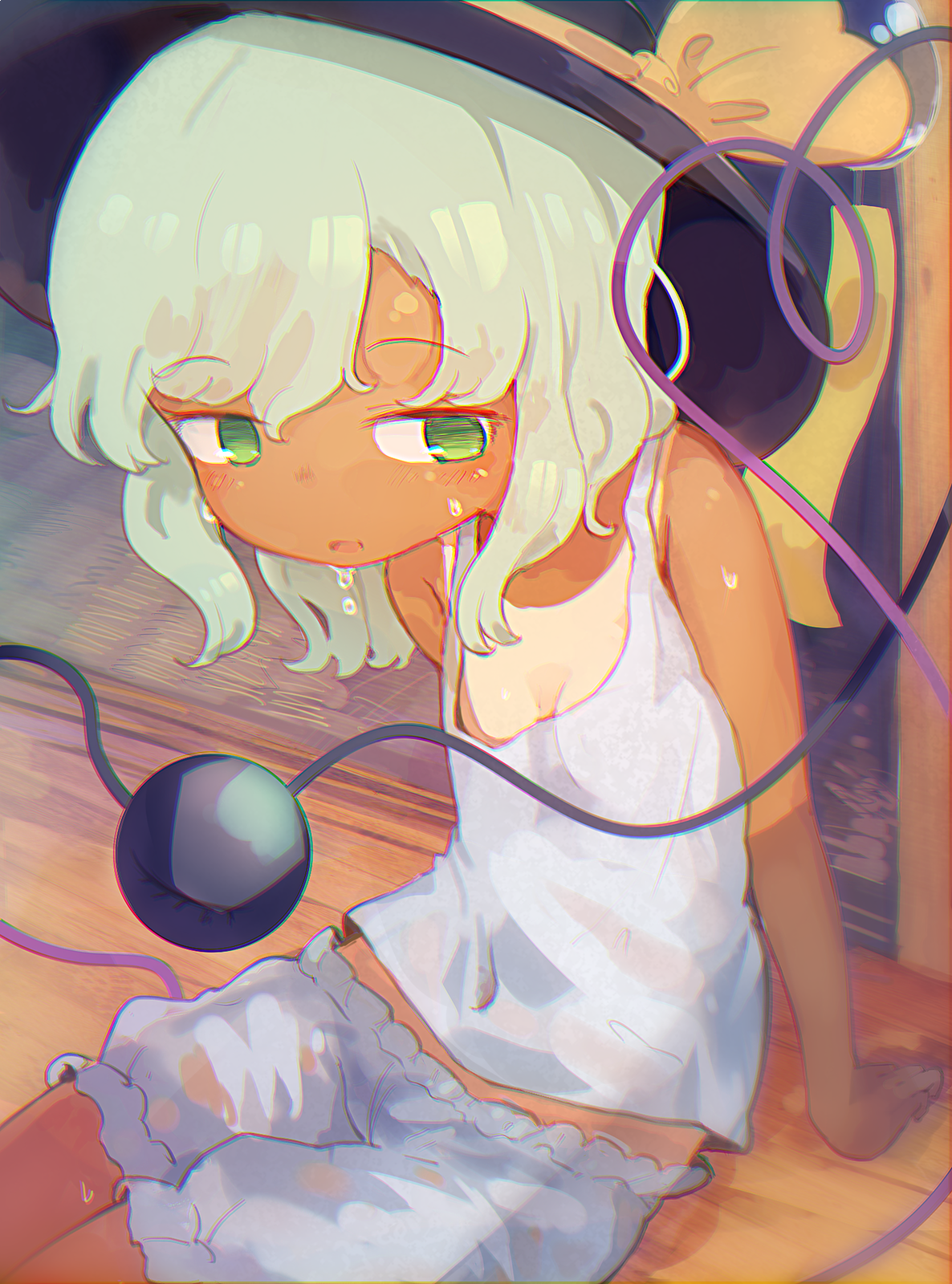 toroid (621997), komeiji koishi, touhou, commentary request, highres, 1girl, alternate costume, black hat, bloomers, bow, breasts, camisole, cleavage, eyeball, green eyes, green hair, hat, hat bow, long hair, open mouth, sitting, small breasts, solo, tan, tanline, third eye, underwear, white bloomers, white camisole, yellow bow