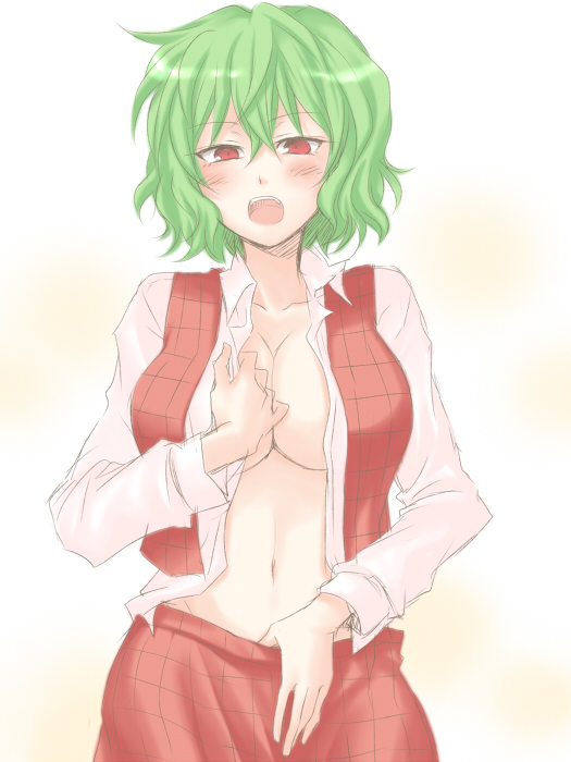 mokku, kazami yuuka, touhou, 1girl, blush, breasts, cleavage, clothes pull, female focus, green hair, large breasts, navel, open clothes, open mouth, open shirt, plaid clothes, plaid skirt, plaid vest, red eyes, shirt, short hair, skirt, skirt pull, skirt set, solo, undressing, vest