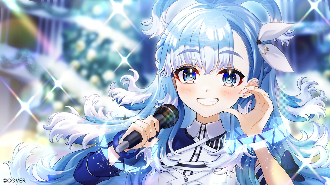 moa (21energy12), kobo kanaeru, hololive, hololive indonesia, commentary request, 1girl, blue eyes, blue hair, blush, long hair, looking at viewer, multicolored hair, open mouth, smile, solo, two-tone hair, virtual youtuber, white hair
