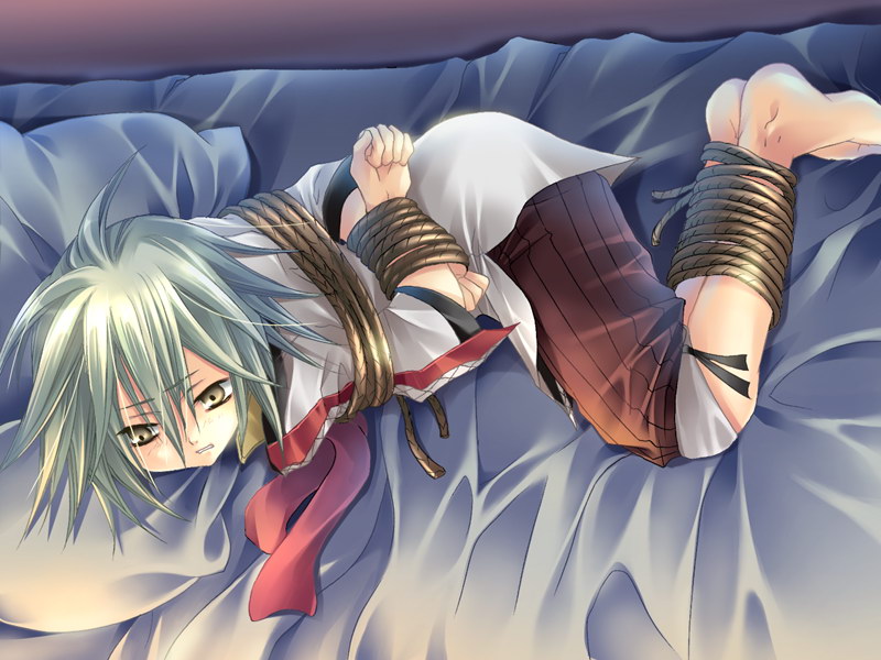 ichi yuzuki, aby (laughter land), laughter land, 1boy, bdsm, bed, blush, bondage, bound, male focus, necktie, rope, shota, solo, trap