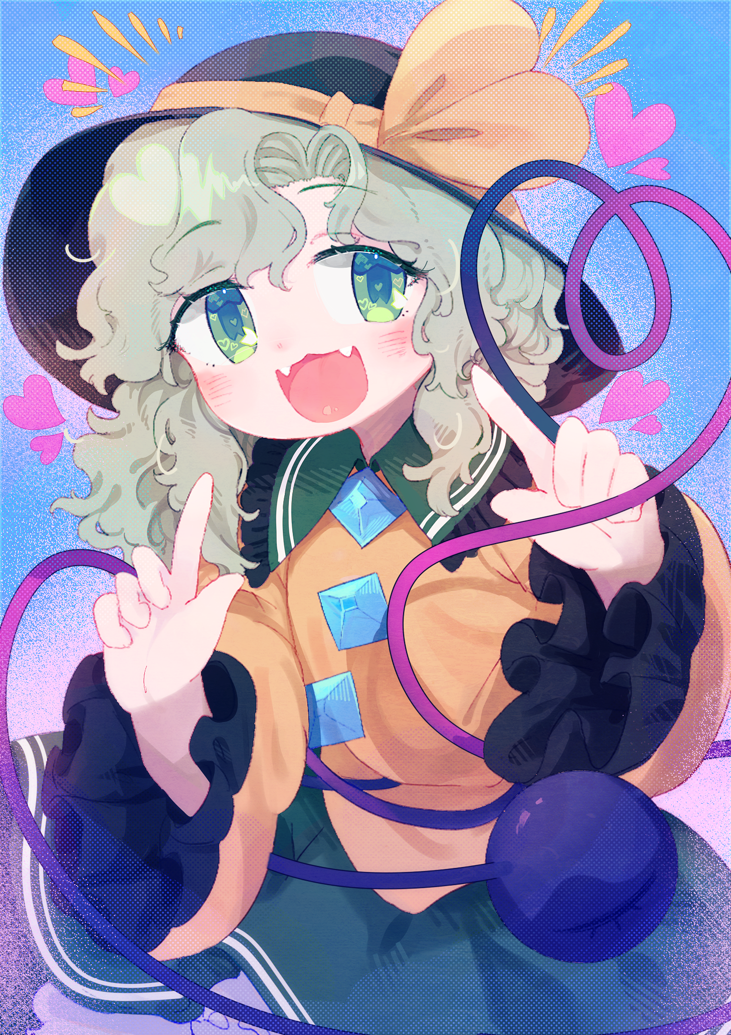 toroid (621997), komeiji koishi, touhou, commentary request, highres, 1girl, black hat, bloomers, blush, buttons, diamond button, eyeball, fangs, frilled shirt collar, frilled sleeves, frills, green eyes, green hair, green skirt, hat, hat ribbon, heart, heart in eye, heart of string, long sleeves, looking at viewer, open mouth, ribbon, shirt, skin fangs, skirt, smile, solo, symbol in eye, third eye, underwear, white bloomers, wide sleeves, yellow ribbon, yellow shirt