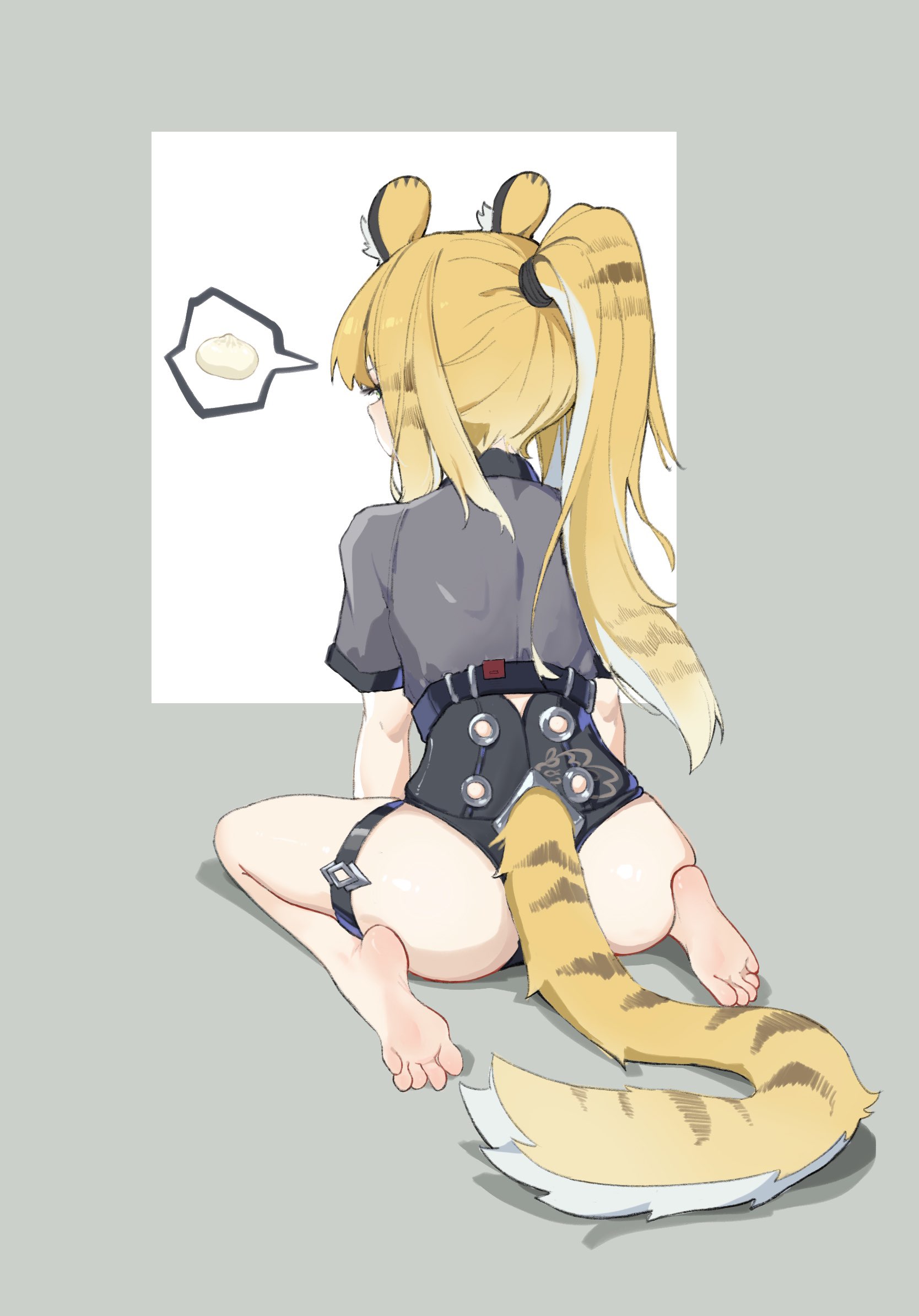 ningmeng chamao, ju fufu, zenless zone zero, highres, 1girl, animal ears, ass, barefoot, blonde hair, feet, green eyes, long hair, ponytail, soles, tail, toes