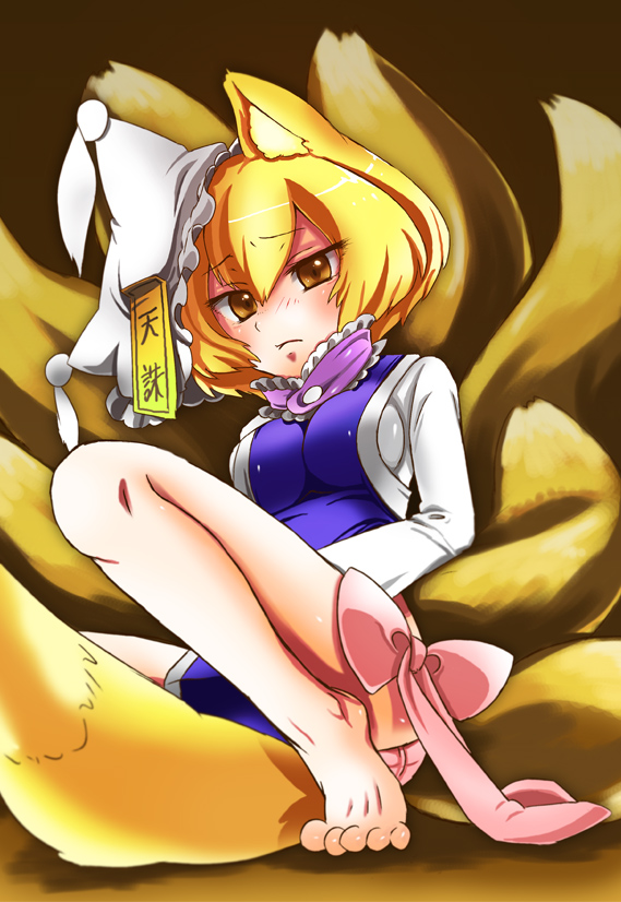 merue, yakumo ran, touhou, bad id, bad pixiv id, 1girl, animal ears, barefoot, blonde hair, breasts, dress, female focus, fox ears, fox tail, hat, multiple tails, panties, short hair, side-tie panties, solo, tail, underwear, yellow eyes