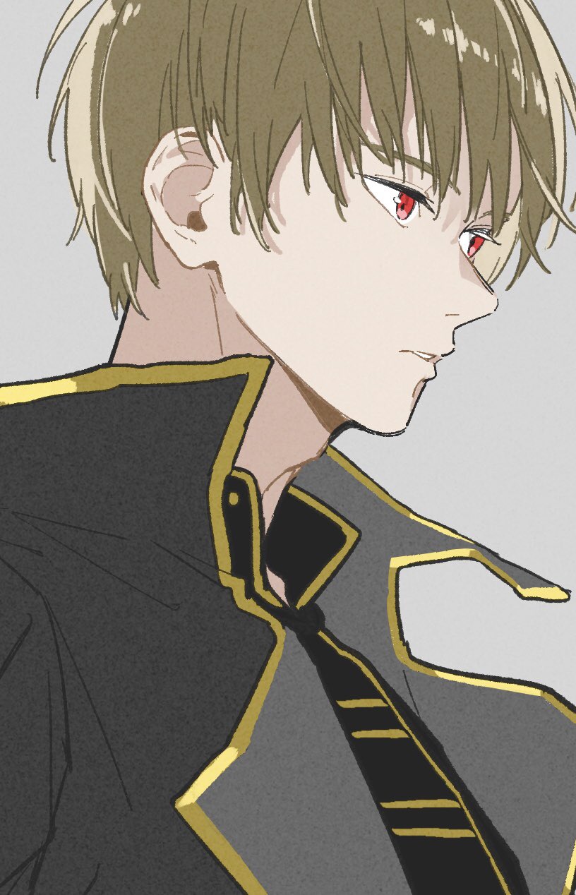 mkyn29, okita sougo, gintama, commentary request, highres, 1boy, adam's apple, black jacket, brown hair, collared jacket, collared shirt, from side, gold trim, grey background, jacket, male focus, necktie, open collar, parted lips, popped collar, profile, red eyes, shinsengumi (gintama), shirt, short hair, simple background, solo