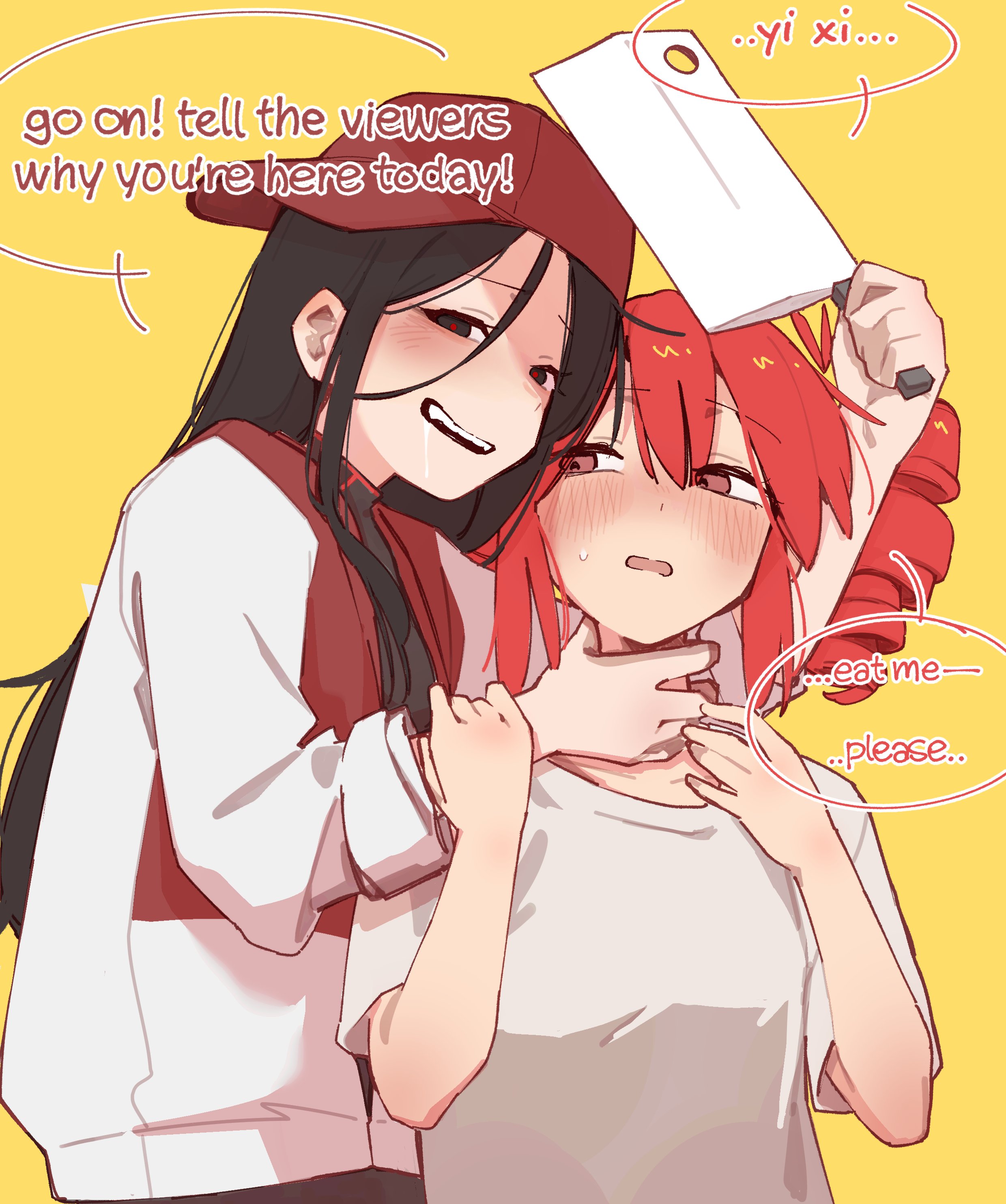 machuuu68, kasane teto, kasane teto (utau), yi xi (synthesizer v), synthesizer v, utau, absurdres, commentary, english commentary, highres, 2girls, black eyes, black hair, blush, cleaver, drill hair, drooling, fang, holding, holding cleaver, multiple girls, neck grab, open mouth, red eyes, red hair, shirt, sideways hat, simple background, teeth, twin drills, upper teeth only, white shirt, yellow background