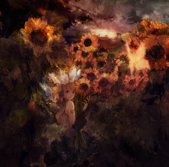 salvatica, kagamine rin, nagato yuki, vocaloid, md5 mismatch, resolution mismatch, source larger, 1girl, blonde hair, female focus, flower, hair ribbon, looking back, nature, outdoors, ribbon, short hair, sky, smile, solo, sunflower