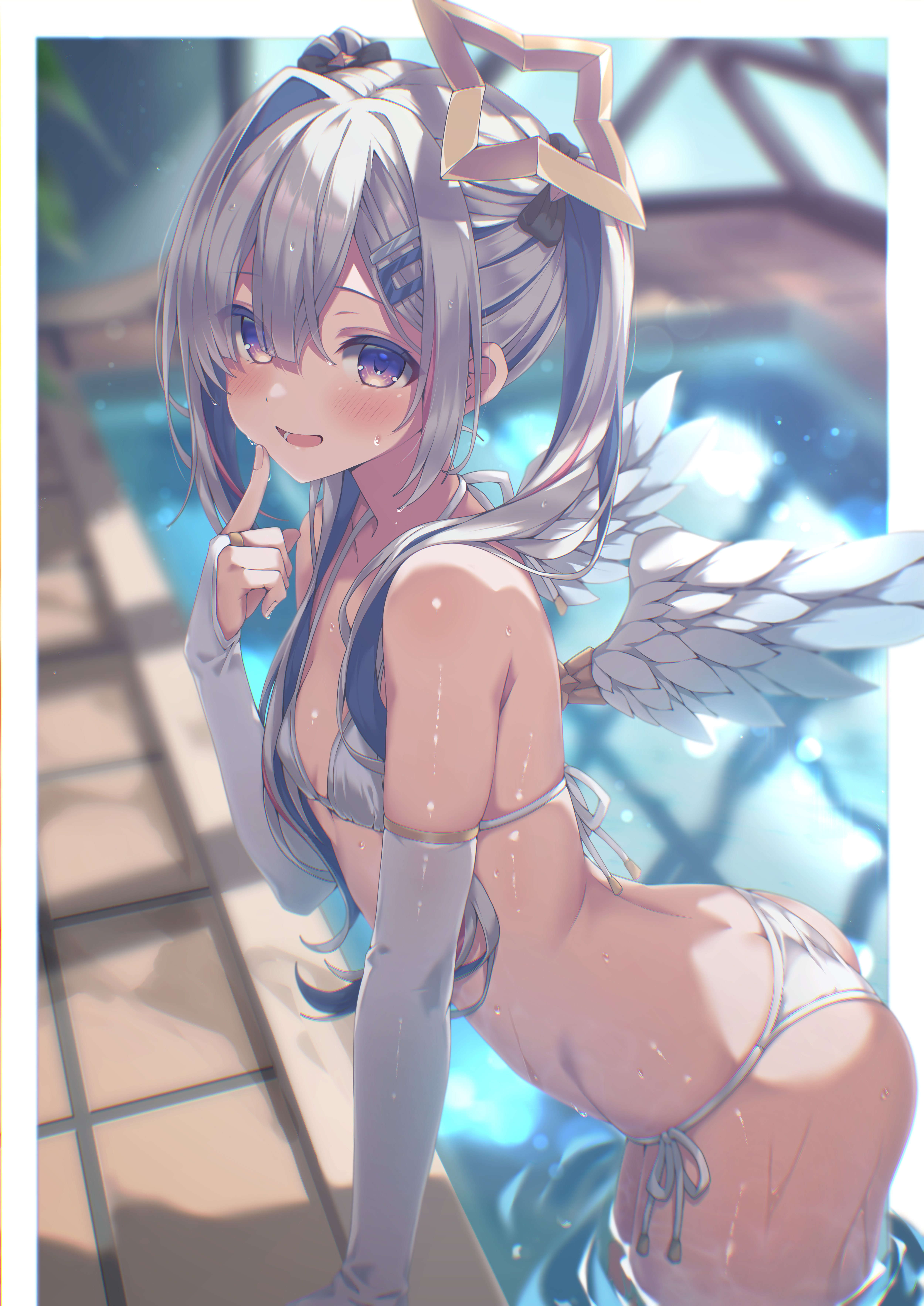 absent, amane kanata, hololive, absurdres, commentary request, highres, 1girl, angel, angel wings, bikini, blue hair, blush, bow, breasts, bridal gauntlets, colored inner hair, feathered wings, finger to cheek, flat chest, gold ring, gradient wings, grey hair, hair bow, hair ornament, hairclip, halo, long hair, looking at viewer, micro bikini, middle ring, mini wings, multicolored hair, multicolored wings, multiple hair bows, official alternate hair length, official alternate hairstyle, open mouth, pink streaks, plant, pool, purple eyes, shadow, short hair, short twintails, side-tie bikini bottom, single hair intake, smile, solo, star halo, streaked hair, swimsuit, twintails, virtual youtuber, wet, white bikini, white bridal gauntlets, white wings, wings