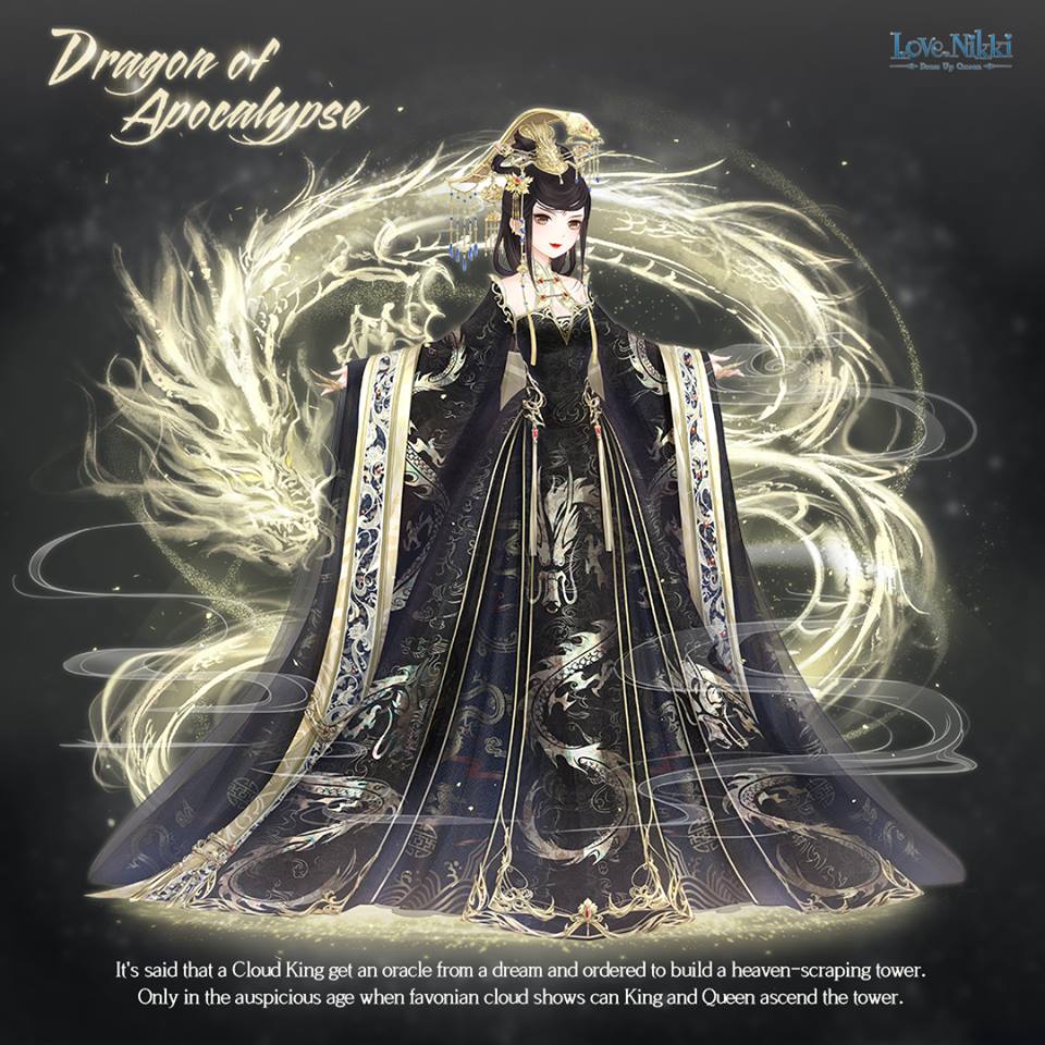 dragon of apocalypse (miracle nikki), miracle nikki, nikki (series), artist request, official art, second-party source, 1girl, black background, black hair, black hanfu, chain, character name, chinese clothes, copyright logo, dragon, dragon print, eastern dragon, english text, full body, glowing, gold chain, half updo, hanfu, happy, light particles, logo, long hair, long sleeves, looking at viewer, outstretched arms, queen, simple background, sleeves past wrists, smoke, solo, standing, straight hair, topknot, wide sleeves