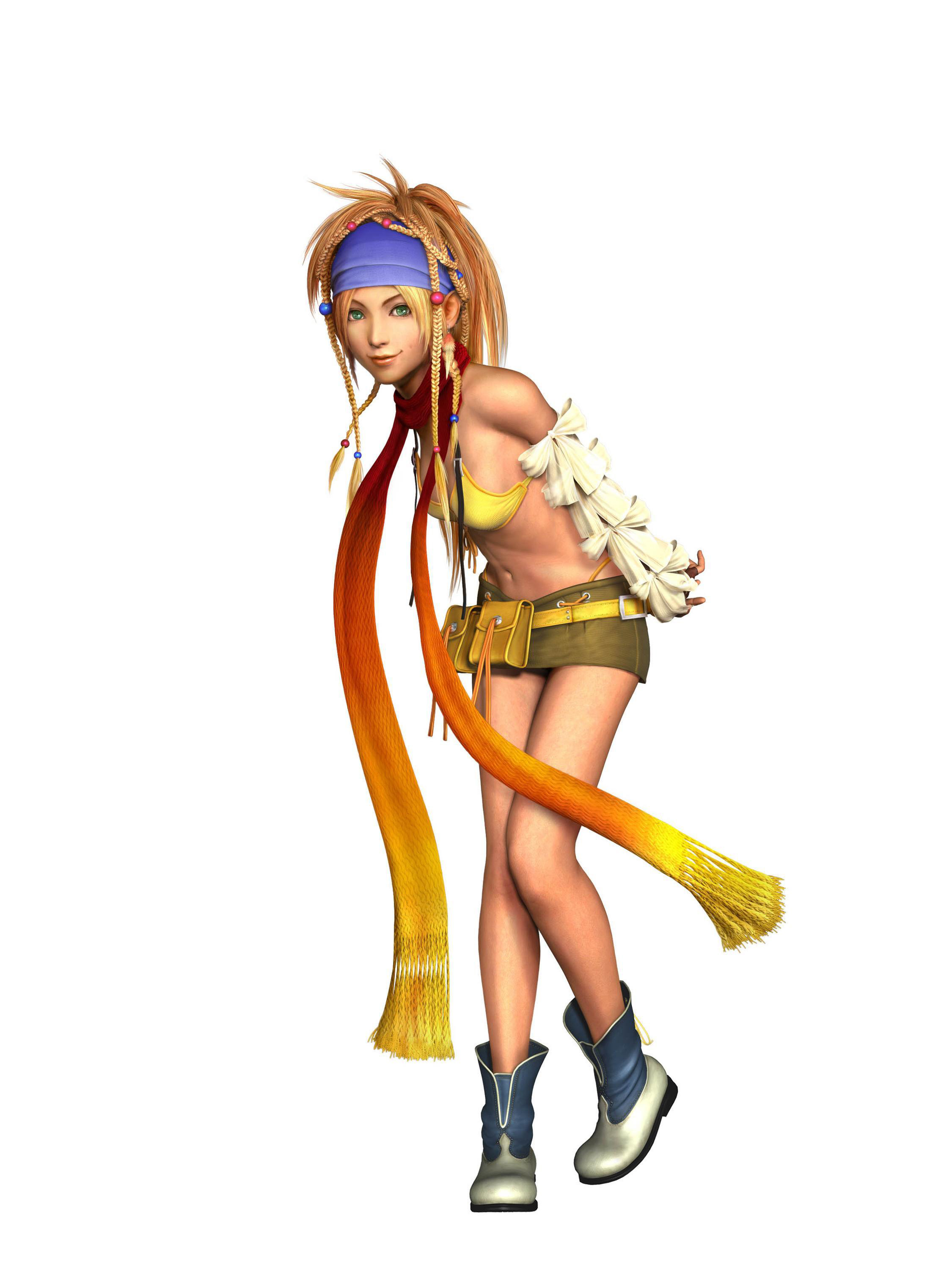 rikku (ff10), final fantasy, final fantasy x, final fantasy x-2, absurdres, highres, 00s, 1girl, 3d, @ @, arms behind back, bikini, blonde hair, braid, female focus, green eyes, hair ornament, headband, revealing clothes, scarf, solo, sphere hair ornament, swimsuit