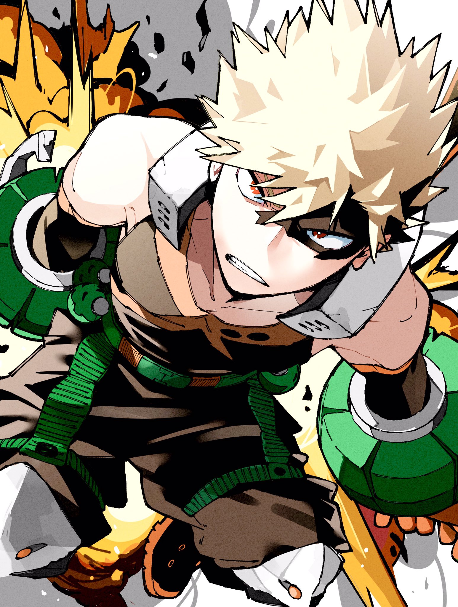 mkyn29, bakugou katsuki, boku no hero academia, commentary request, highres, 1boy, bare shoulders, belt, black boots, black mask, black pants, blonde hair, boots, clenched teeth, collarbone, detached sleeves, explosion, explosive, eye mask, gloves, green belt, grenade, half mask, knee pads, looking at viewer, male focus, mask, pants, red eyes, sanpaku, short hair, solo, superhero costume, teeth