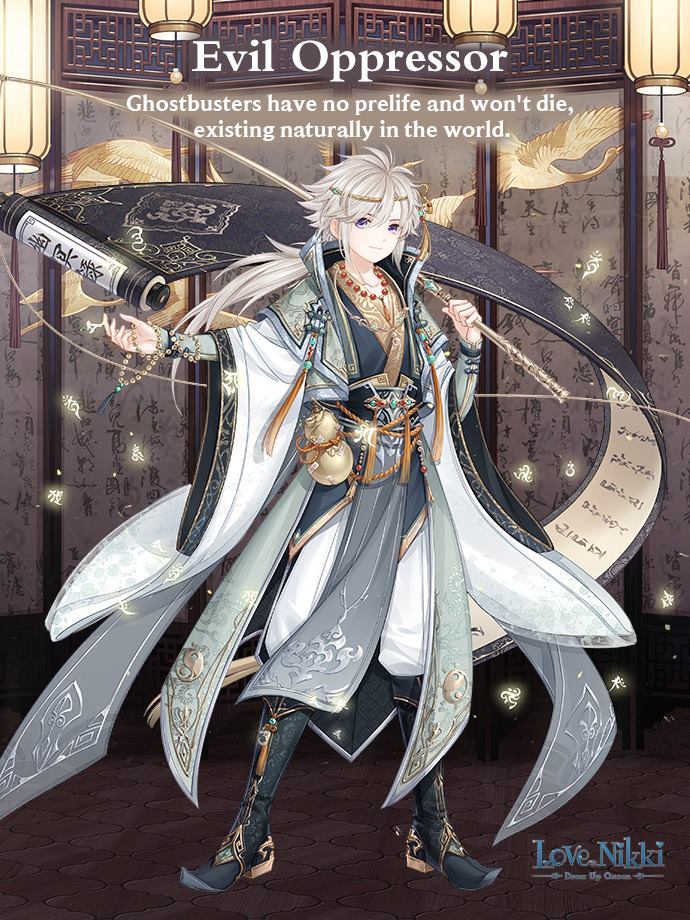 evil oppressor (miracle nikki), miracle nikki, nikki (series), artist request, official art, third-party source, 1boy, baggy pants, bamboo screen, bead bracelet, bead necklace, beads, bird, black boots, black shirt, boots, bracelet, capelet, carrying over shoulder, character name, chinese clothes, closed mouth, copyright logo, crane (animal), dot nose, english text, fishing rod, floating hair, full body, gourd, green capelet, grey hair, hair between eyes, holding, holding fishing rod, indoors, jewelry, knee boots, lantern, layered sleeves, light particles, logo, long hair, long sleeves, low ponytail, magic, male focus, multiple bracelets, necklace, object floating above hand, outstretched arm, pants, paper lantern, pointy boots, ponytail, prayer beads, purple eyes, scroll, shirt, sleeves past wrists, smile, solo, standing, swept bangs, tassel, white pants, white sleeves, wide sleeves