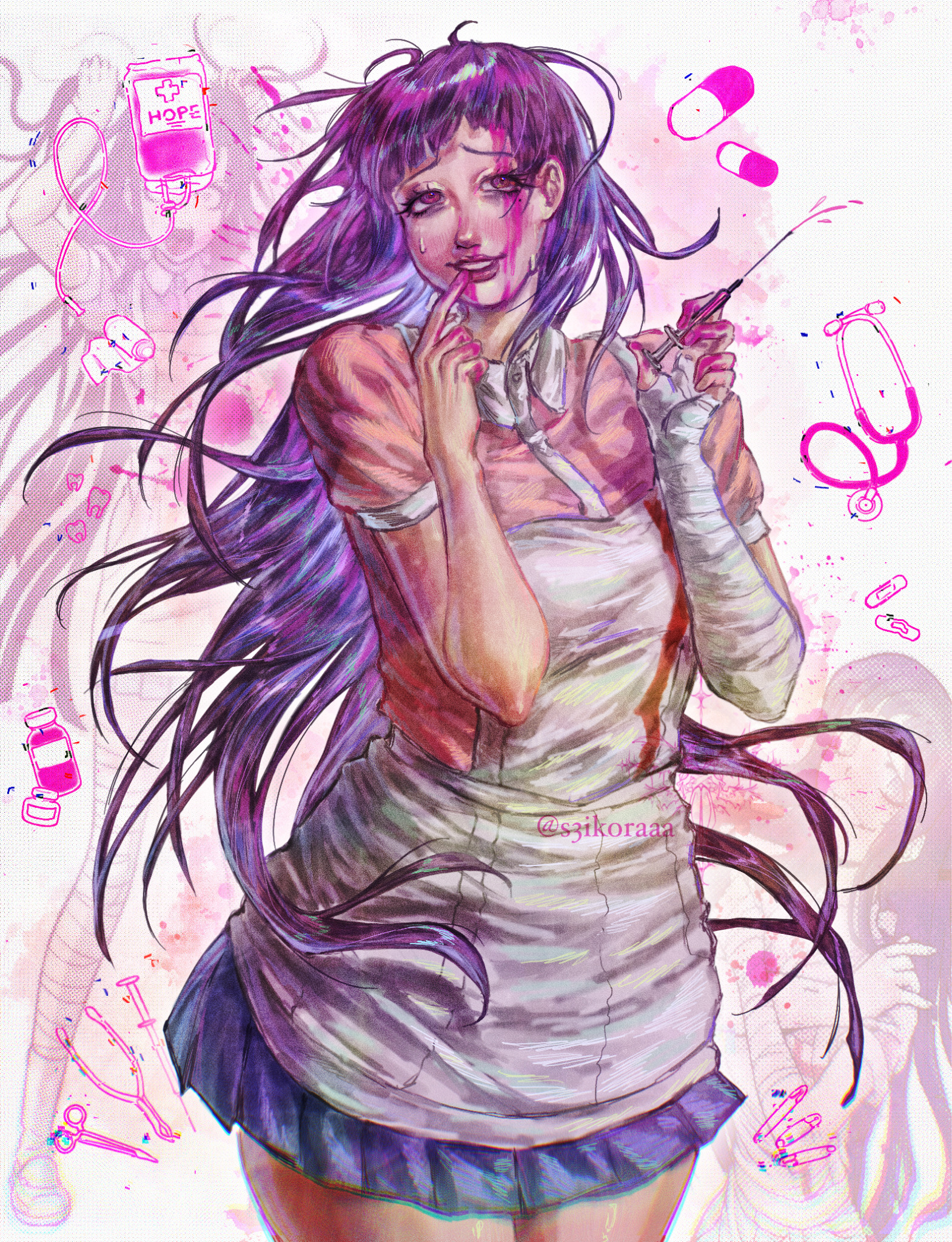 tsumiki mikan, danganronpa (series), danganronpa 2: goodbye despair, commentary, english commentary, highres, 1girl, apron, bandage roll, bandaged arm, bandaged hand, bandages, bandaid, blood, blood bag, blood on face, blood on hands, blue skirt, bottle, collared shirt, eyelashes, finger to own chin, holding, holding syringe, lips, long hair, messy hair, official art inset, pill, pink blood, pink shirt, purple eyes, purple hair, s3ikoraaa, shirt, short sleeves, skirt, smile, solo, squirting liquid, surgical scissors, sweat, syringe, white apron, white background