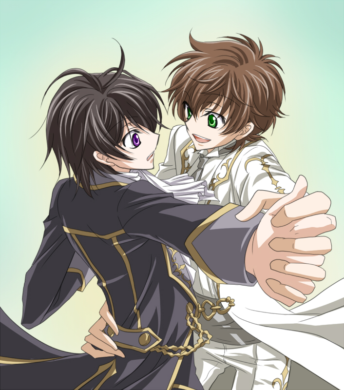 touya (artist), touya (roukaku), kururugi suzaku, lelouch vi britannia, code geass, 00s, 2boys, black hair, brown hair, dancing, formal clothes, green eyes, male focus, multiple boys, purple eyes, smile, yaoi