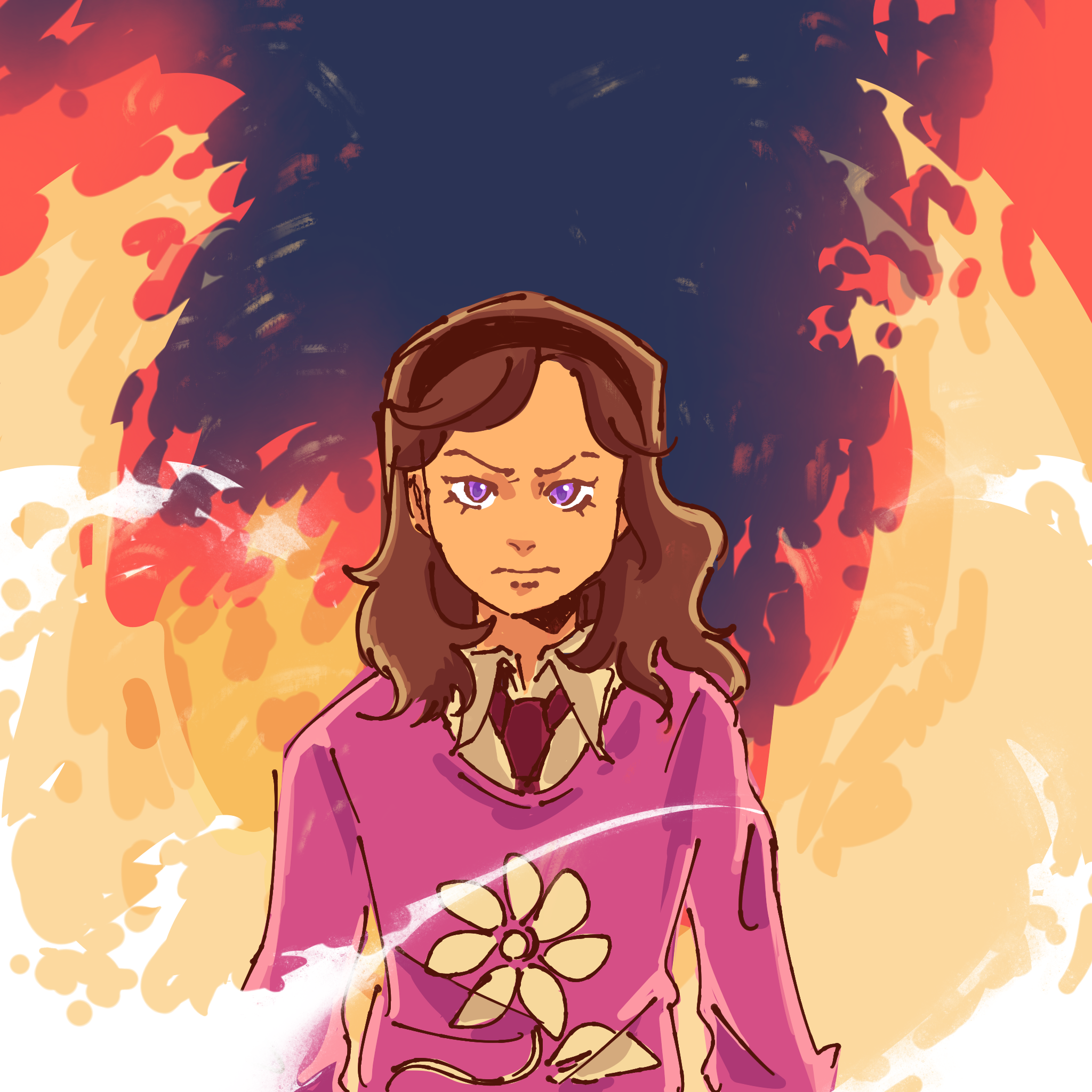 kurashiki akane, kyokugen dasshutsu, kyokugen dasshutsu: 9 jikan 9 nin 9 no tobira, commentary, english commentary, highres, 1girl, aged down, brown hair, closed mouth, collared shirt, eyelashes, fire, hairband, long hair, mrcrashkeys, necktie, pink sweater, purple eyes, red necktie, shirt, solo, sweater, upper body, white shirt