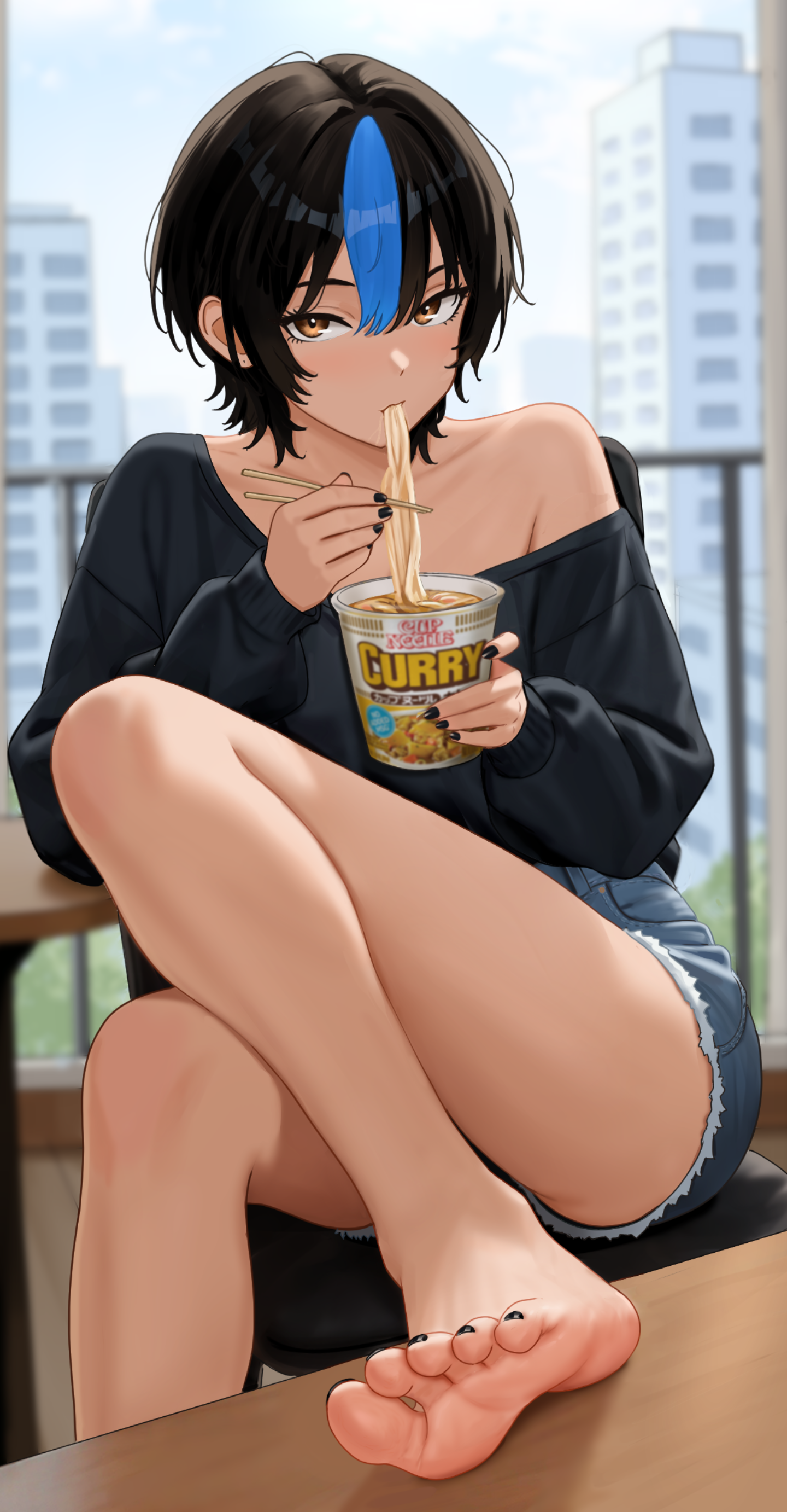 nihu, original, absurdres, commentary request, highres, 1girl, bare legs, barefoot, black hair, black nails, black sweater, blue hair, brown eyes, chair, chopsticks, collarbone, cup, cutoffs, denim, denim shorts, eating, elbow rest, feet, feet on table, food in mouth, foot focus, footrest, hair between eyes, holding, holding chopsticks, holding cup, instant cup noodles, instant noodles, knee up, looking at viewer, nail polish, nissin cup noodle, nissin cup noodle curry, on chair, shiragi (nihu), short hair, short shorts, shorts, single bare shoulder, single hair streak, single off shoulder, sitting, soles, solo, sweater, sweater tucked in, thighs, toenail polish, toenails, toes