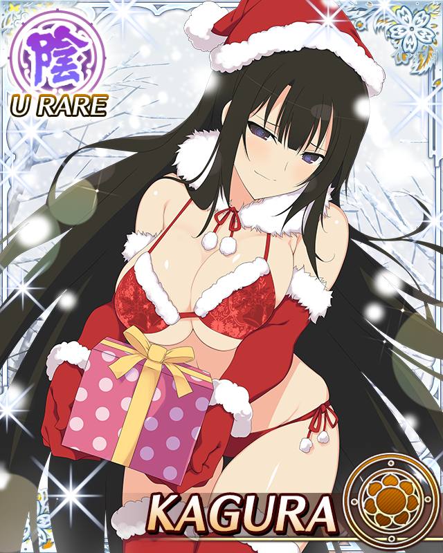 kagura (senran kagura), senran kagura, senran kagura new wave, game cg, official art, third-party source, 1girl, bikini, black eyes, black hair, blue pupils, border, breasts, card (medium), character name, christmas, closed mouth, flower-shaped pupils, fur-trimmed bikini, fur-trimmed gloves, fur-trimmed headwear, fur-trimmed thighhighs, fur collar, fur trim, gift, gloves, hat, holding, holding gift, incoming gift, large breasts, long hair, outdoors, red bikini, red gloves, red hat, red thighhighs, santa bikini, santa costume, santa hat, skindentation, smile, snowing, solo, swimsuit, symbol-shaped pupils, thighhighs, very long hair