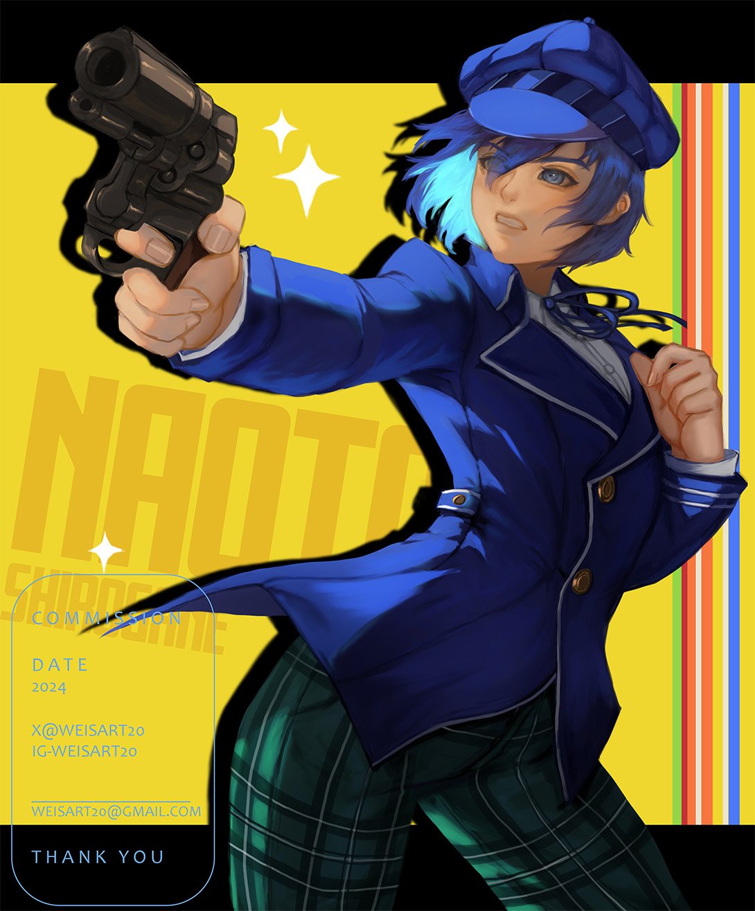 wei (promise 0820), shirogane naoto, persona, persona 4, commentary, commission, english commentary, highres, 1girl, 2024, black border, blue eyes, blue hair, blue hat, blue jacket, blue ribbon, border, breasts, clenched teeth, collared shirt, cowboy shot, email address, green pants, gun, hair between eyes, handgun, hat, holding, holding gun, holding weapon, jacket, medium breasts, neck ribbon, pants, parted lips, plaid clothes, plaid pants, ribbon, shirt, short hair, teeth, thank you, twitter username, weapon, white shirt, yellow background