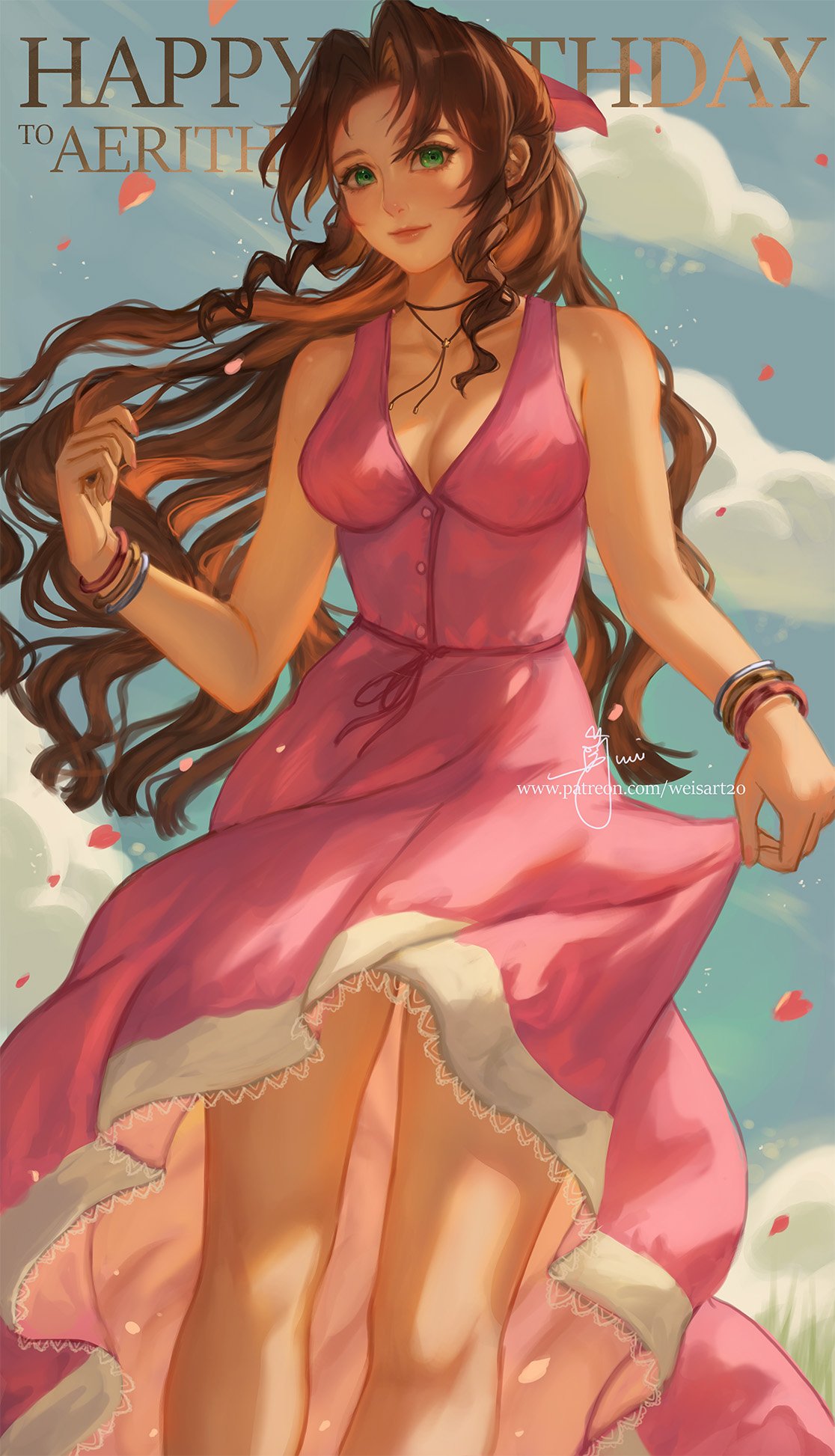 wei (promise 0820), aerith gainsborough, final fantasy, final fantasy vii, final fantasy vii rebirth, final fantasy vii remake, commentary, english commentary, highres, 1girl, bangle, bare shoulders, bracelet, breasts, brown hair, buttons, character name, choker, cleavage, closed mouth, clothes lift, cloud, cloudy sky, dress, dress lift, falling petals, feet out of frame, flower choker, green eyes, hair ribbon, happy birthday, jewelry, light smile, long dress, long hair, medium breasts, outdoors, parted bangs, patreon username, petals, pink dress, pink lips, pink petals, pink ribbon, ponytail, ribbon, sidelocks, signature, sky, sleeveless, sleeveless dress, solo, sundress, wavy hair