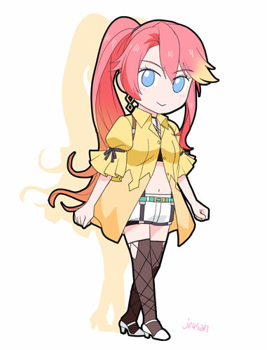 xiacheng tatsuya, judith lanster, eiyuu densetsu, kuro no kiseki (series), commentary request, lowres, 1girl, artist name, blonde hair, blue eyes, closed mouth, crop top, double-parted bangs, earrings, fishnet thighhighs, fishnets, full body, hair between eyes, high heels, jewelry, long hair, looking at viewer, multicolored hair, navel, partially unbuttoned, pink hair, ponytail, puffy short sleeves, puffy sleeves, short sleeves, silhouette, simple background, single earring, single sidelock, smile, solo, streaked hair, thighhighs, two-tone hair, white background