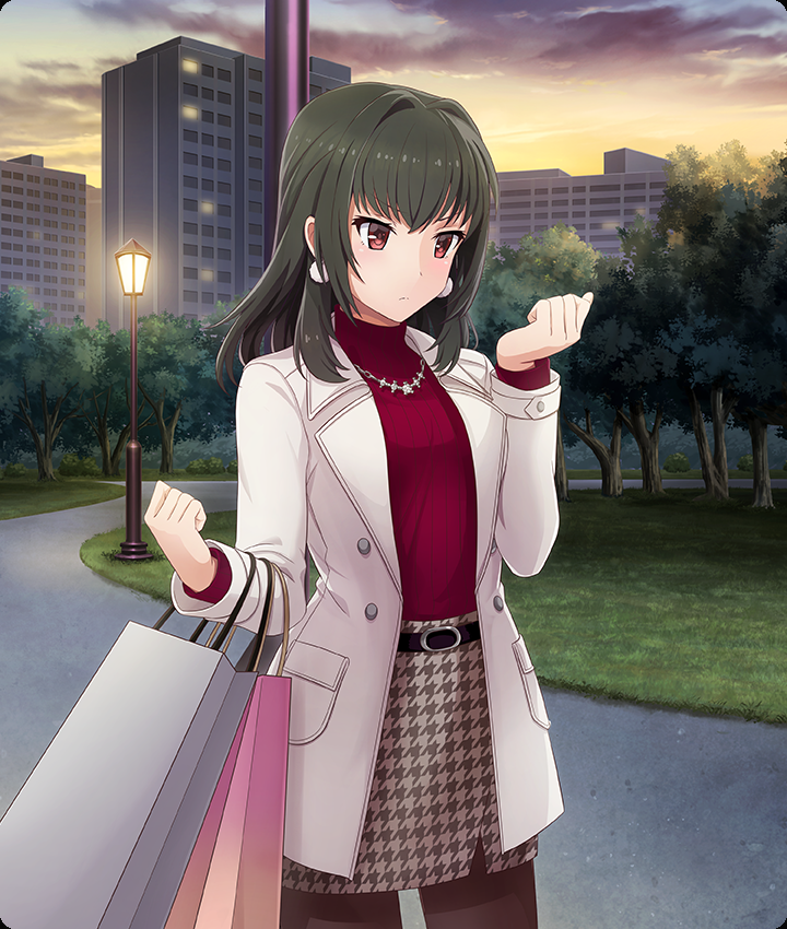 toji no miko, toji no miko: kizamishi issen no tomoshibi, game cg, official art, third-party source, 1girl, bag, belt, black belt, brown pantyhose, brown skirt, building, cityscape, cloud, coat, cowboy shot, earrings, grass, green hair, hair intakes, hands up, holding, holding bag, jewelry, juujou kagari, lamppost, medium hair, necklace, open clothes, open coat, pantyhose, park, pom pom (clothes), pom pom earrings, print skirt, red eyes, red sweater, ribbed sweater, shopping bag, sidelocks, skirt, sky, solo, stone walkway, sweater, tree, turtleneck, turtleneck sweater, white coat, yellow sky